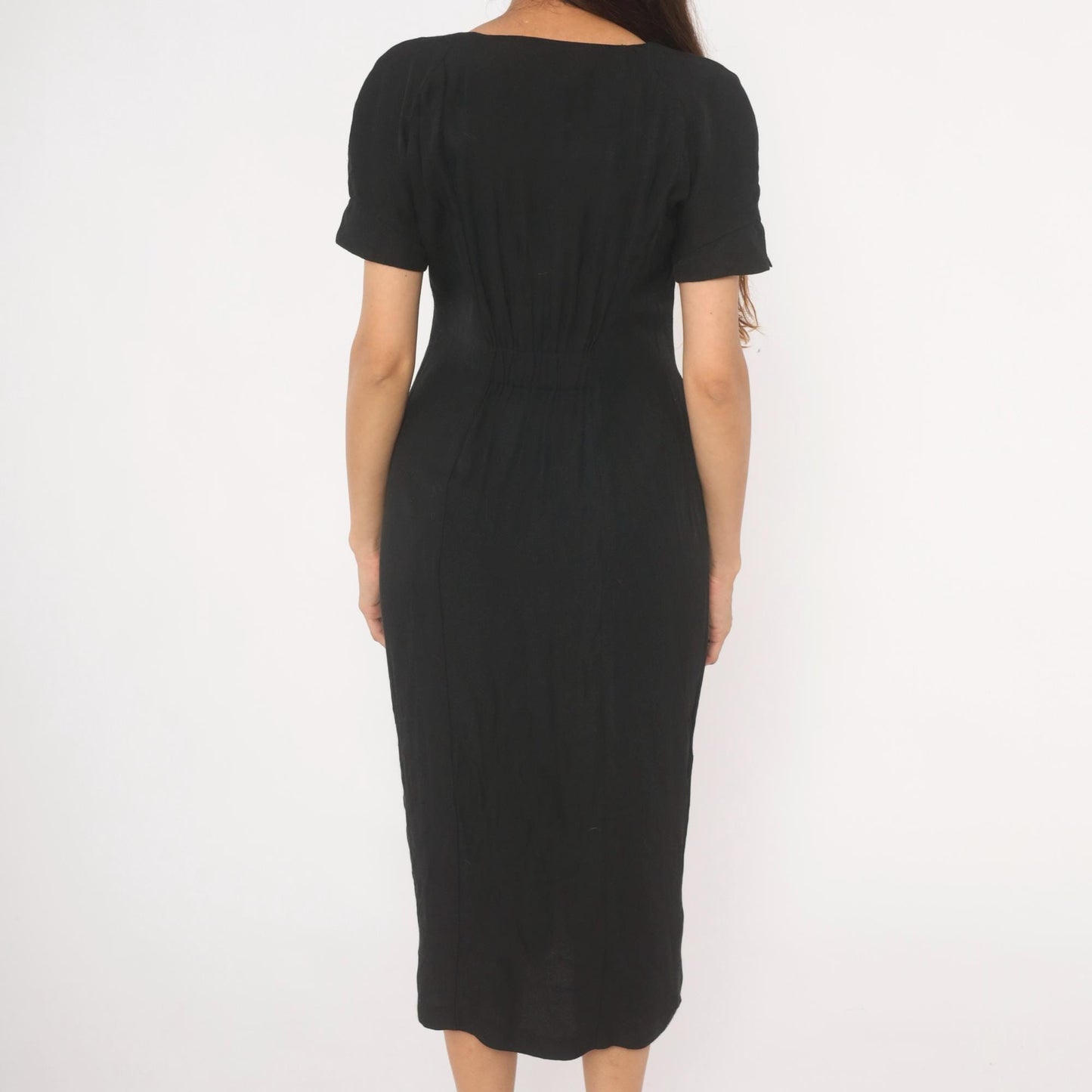 90s Atina by Karon Crosby Black Midi Dress Square Neck Bow Detail Medium