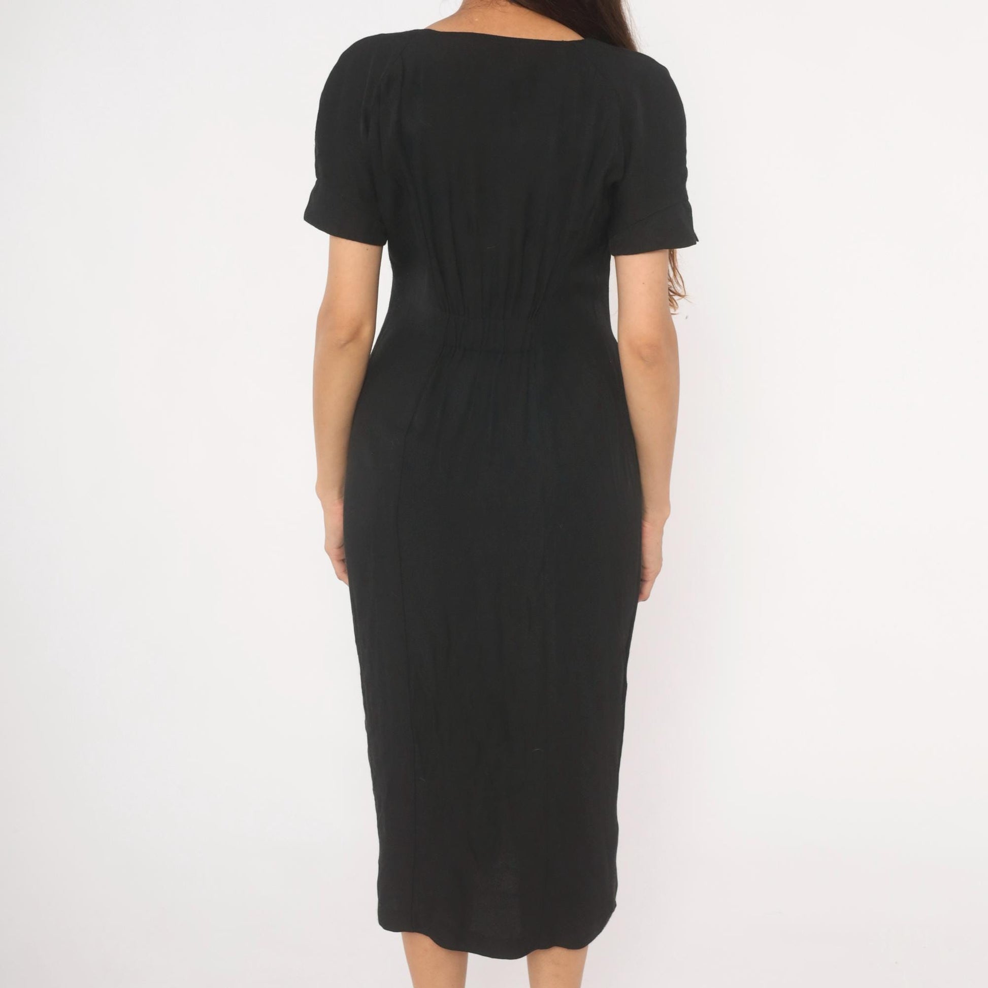 90s Atina by Karon Crosby Black Midi Dress Square Neck Bow Detail Medium
