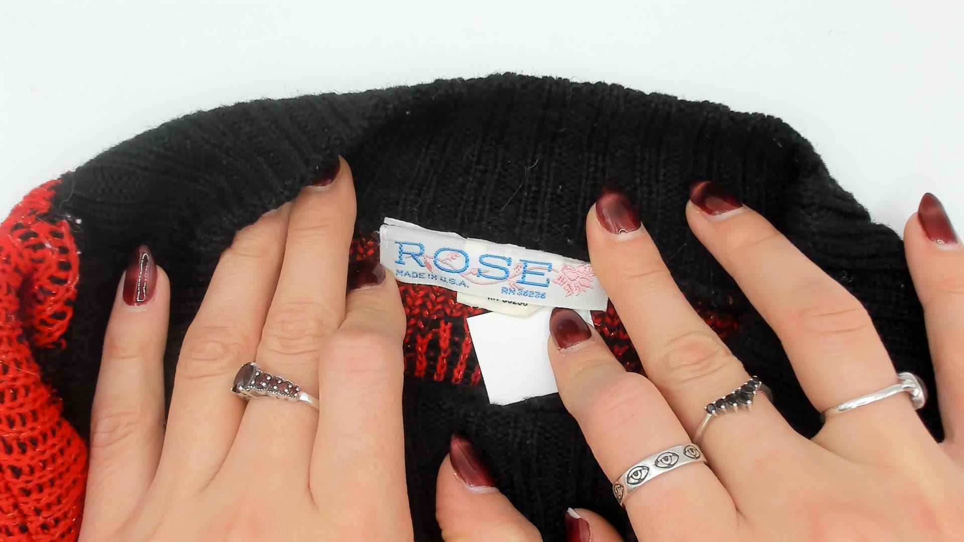 90s Rose Red Black Abstract Knit Pullover Shimmer Sweater Medium M