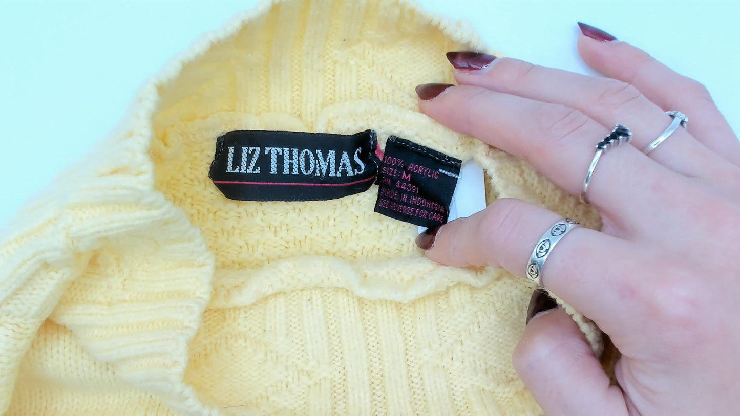 80s Liz Thomas Embroidered Floral Bouquet Knit Pullover Yellow Medium M