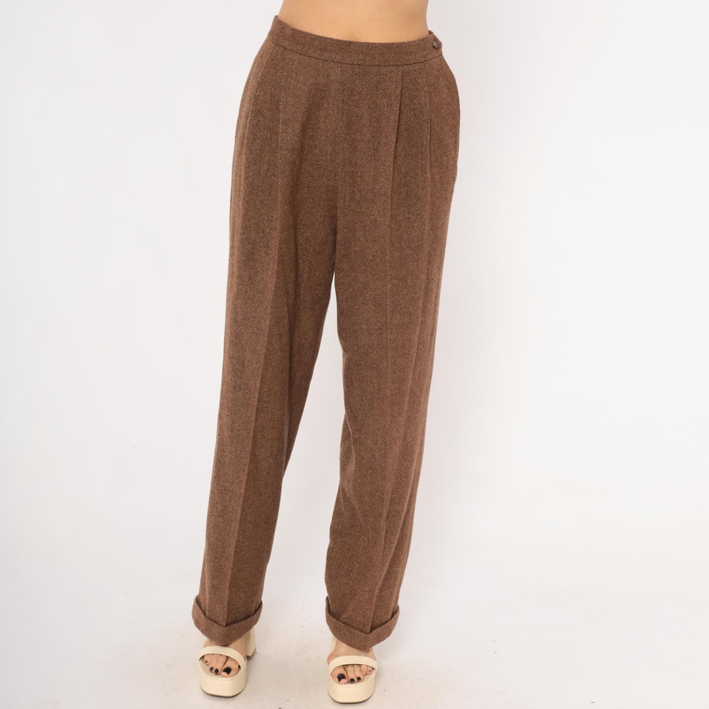 Ralph Lauren Wool Herringbone Trousers 90s Brown Pleated High Waist Large L