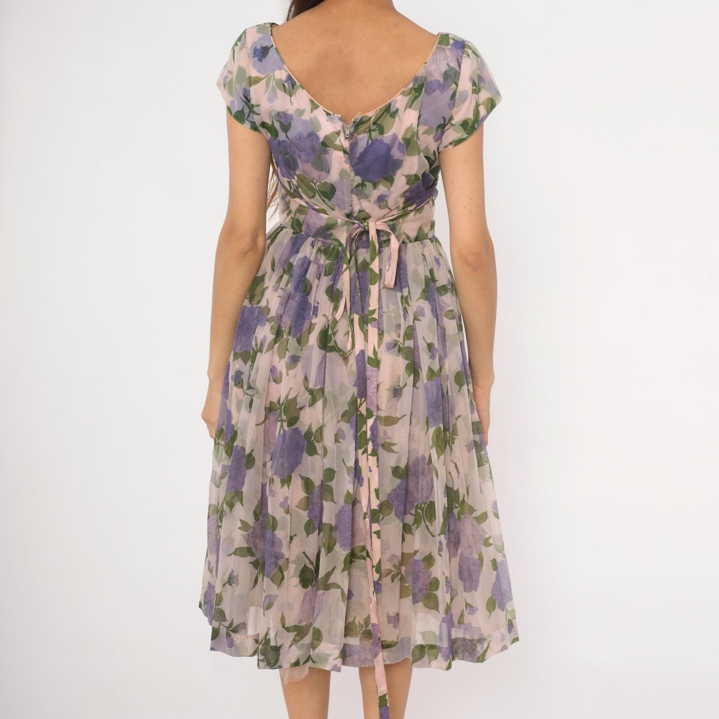 60s Lavender Floral Chiffon Dress Cap Sleeve Fit and Flare Purple Rose Small Medium