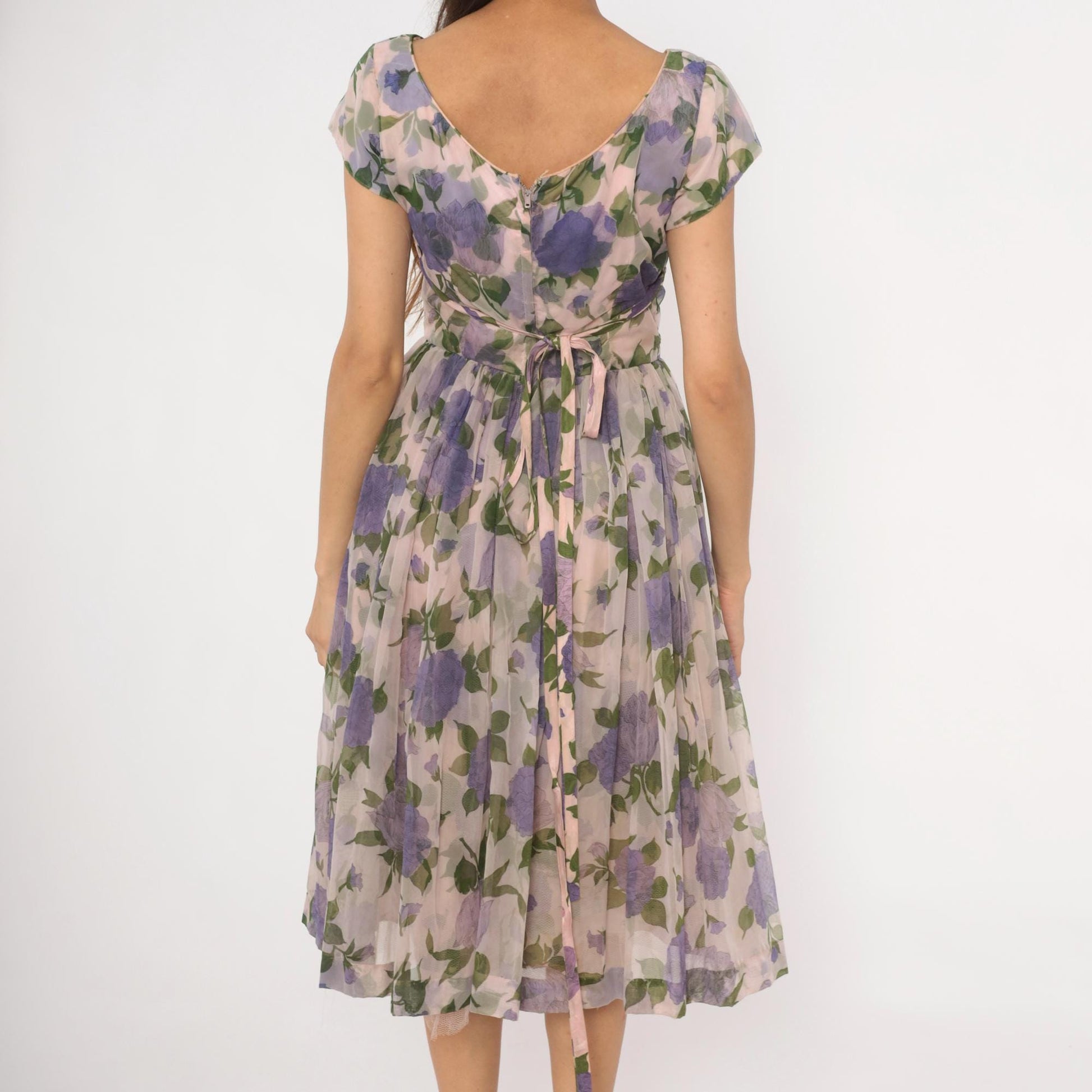 60s Lavender Floral Chiffon Dress Cap Sleeve Fit and Flare Purple Rose Small Medium