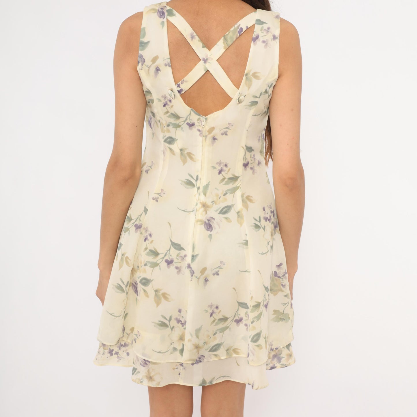 90s Scarlett Floral Chiffon Mini Dress Cream Crossback Scoop Neck Small S