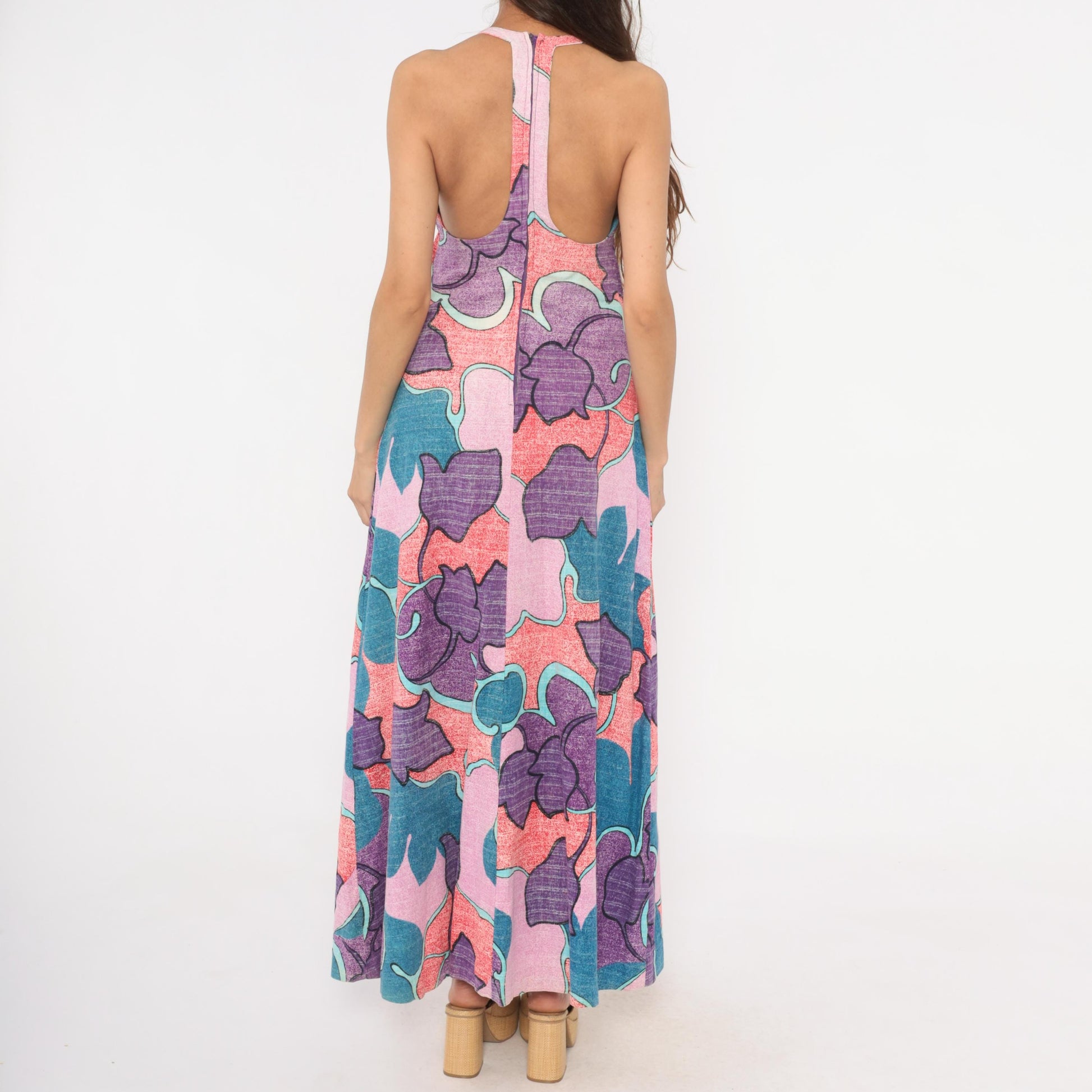 70s Psychedelic Floral Maxi Halter Dress Purple Teal Pink Cotton Small