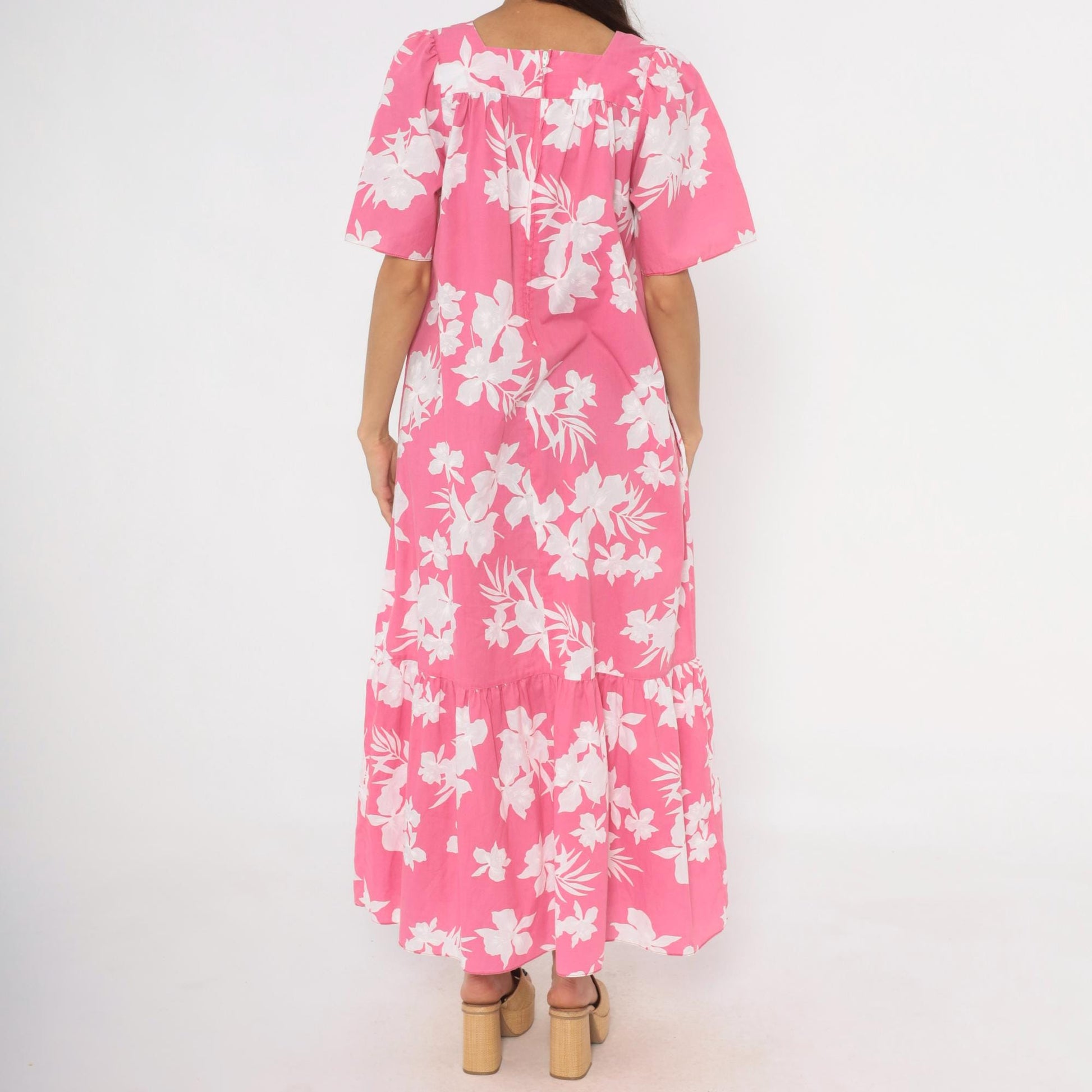 80s Pink Floral Maxi Dress Tropical Hibiscus Puff Sleeve Sweetheart Medium M
