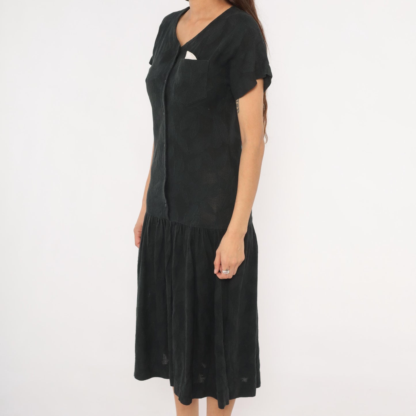 90s Black Cotton Midi Dress Button Front V Neck Drop Waist Small S