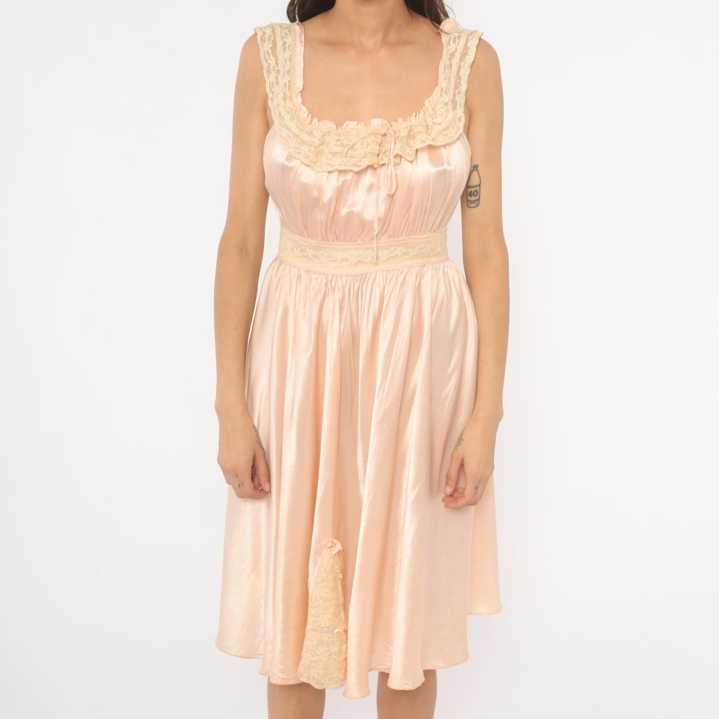 1940s Blush Pink Silk Satin Nightgown Lace Trim Ribbon Tie Small S