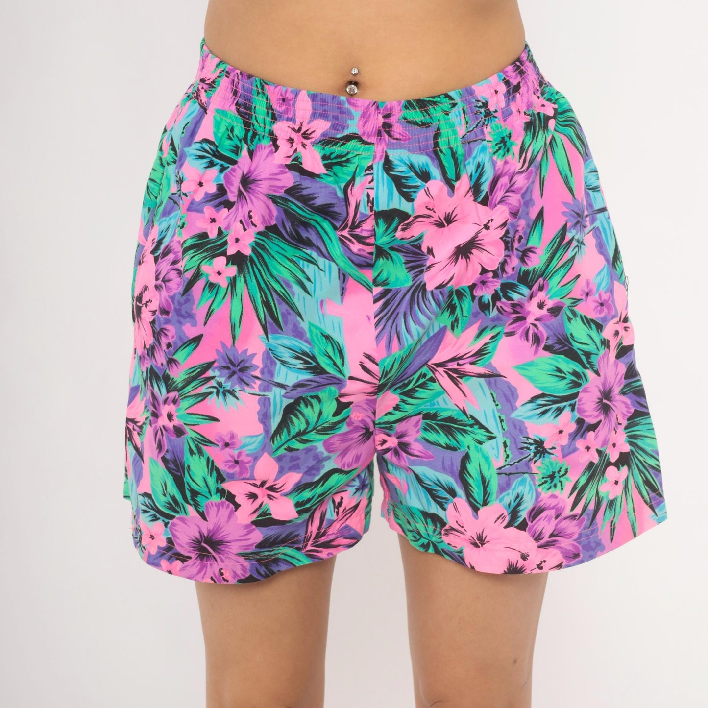 90s Op Neon Tropical Floral Shorts Pink Purple Green Hibiscus Medium M