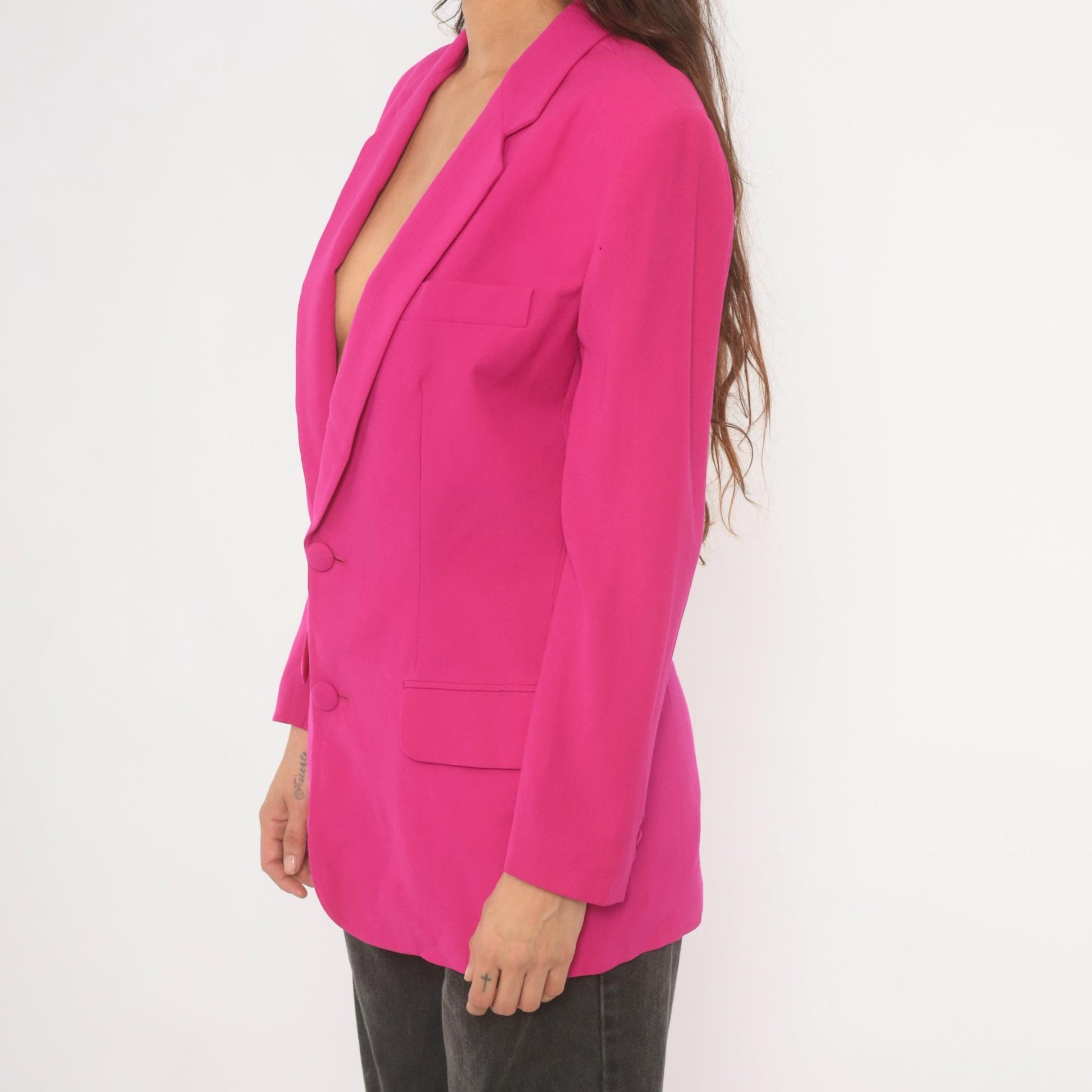 90s N. Valentino Hot Pink Wool Blazer Two-Button Structured Shoulders Medium M