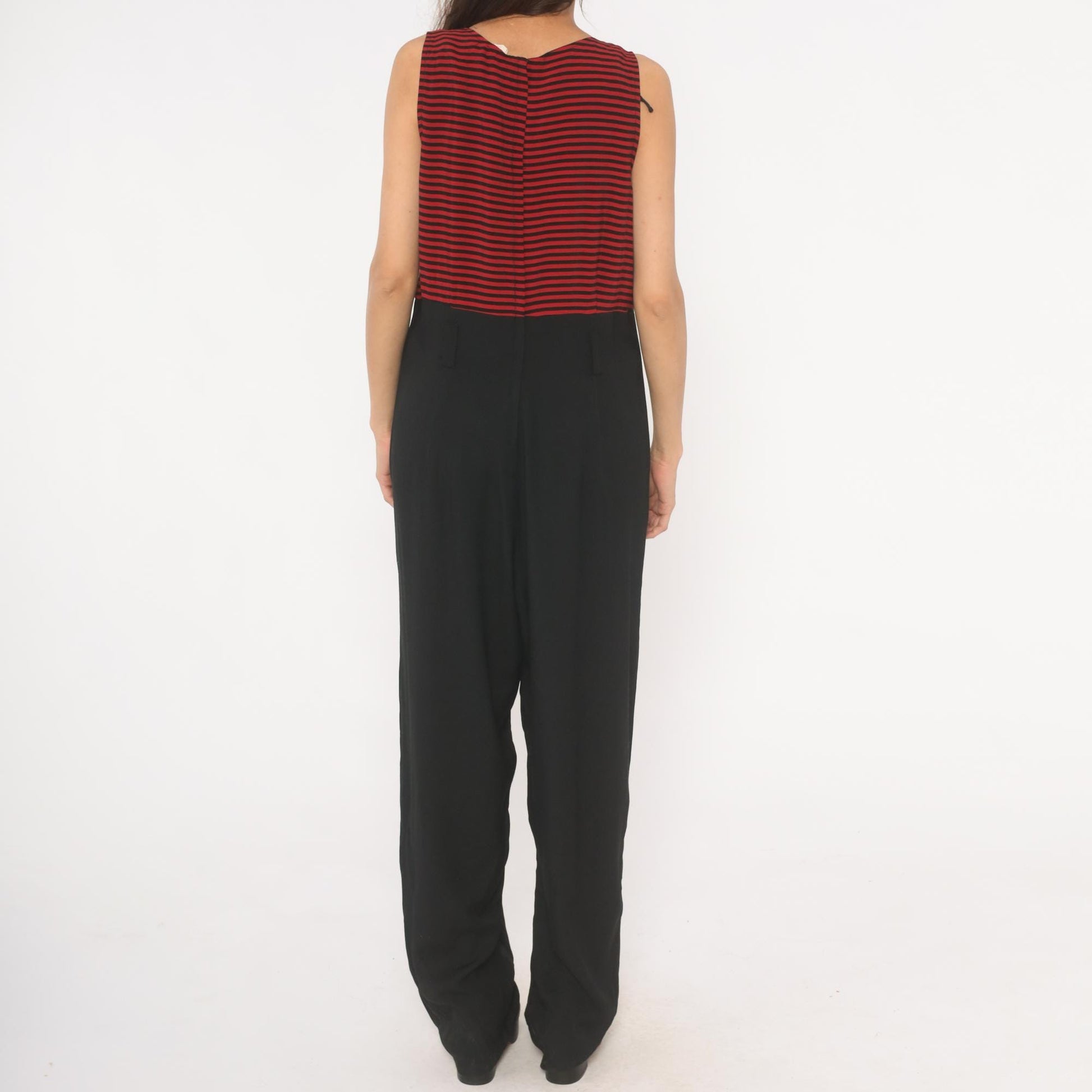 90s Red Black Striped Sleeveless Jumpsuit Wide Leg Maxi Tank Large L