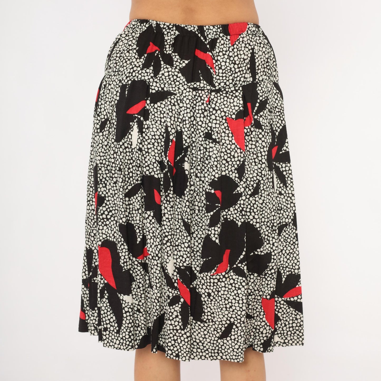 90s Jon Woods Midi Skirt Black White Floral Red Abstract Dotted Medium M