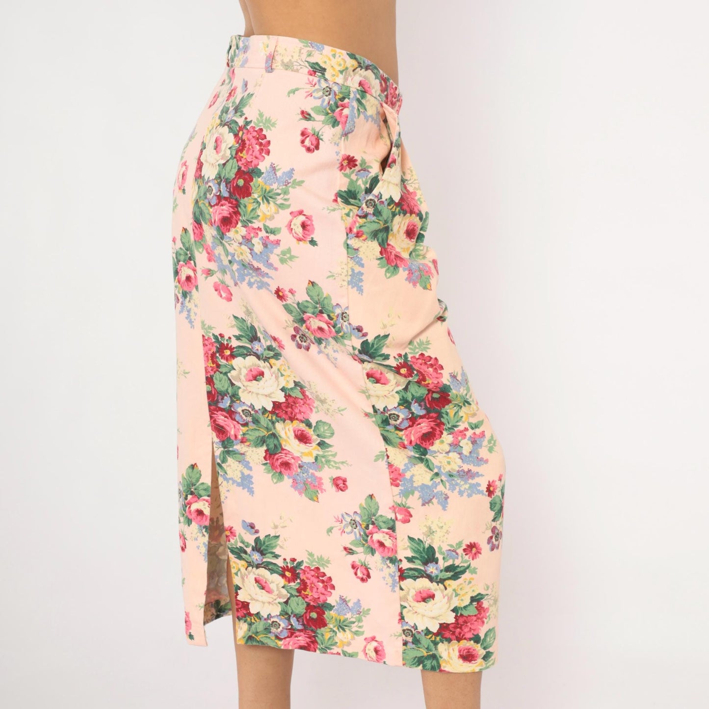 90s On The Verge Floral Midi Pencil Skirt Pink Cotton Large L