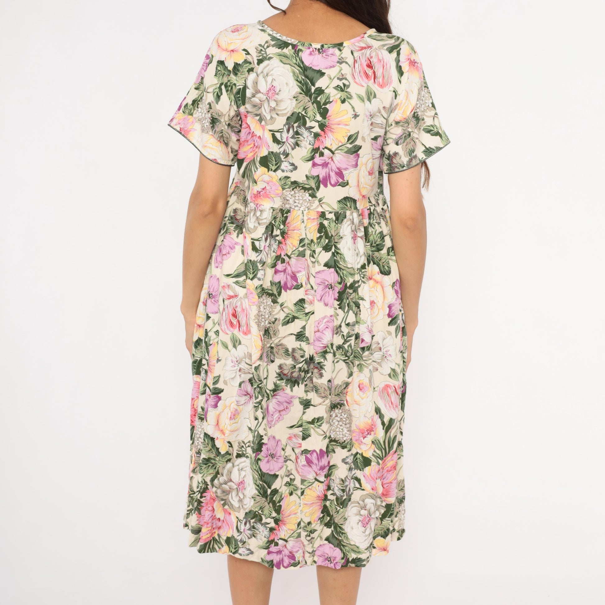 90s Day In Day Out Floral Midi Dress Cream Pink Garden Print Cotton Medium M