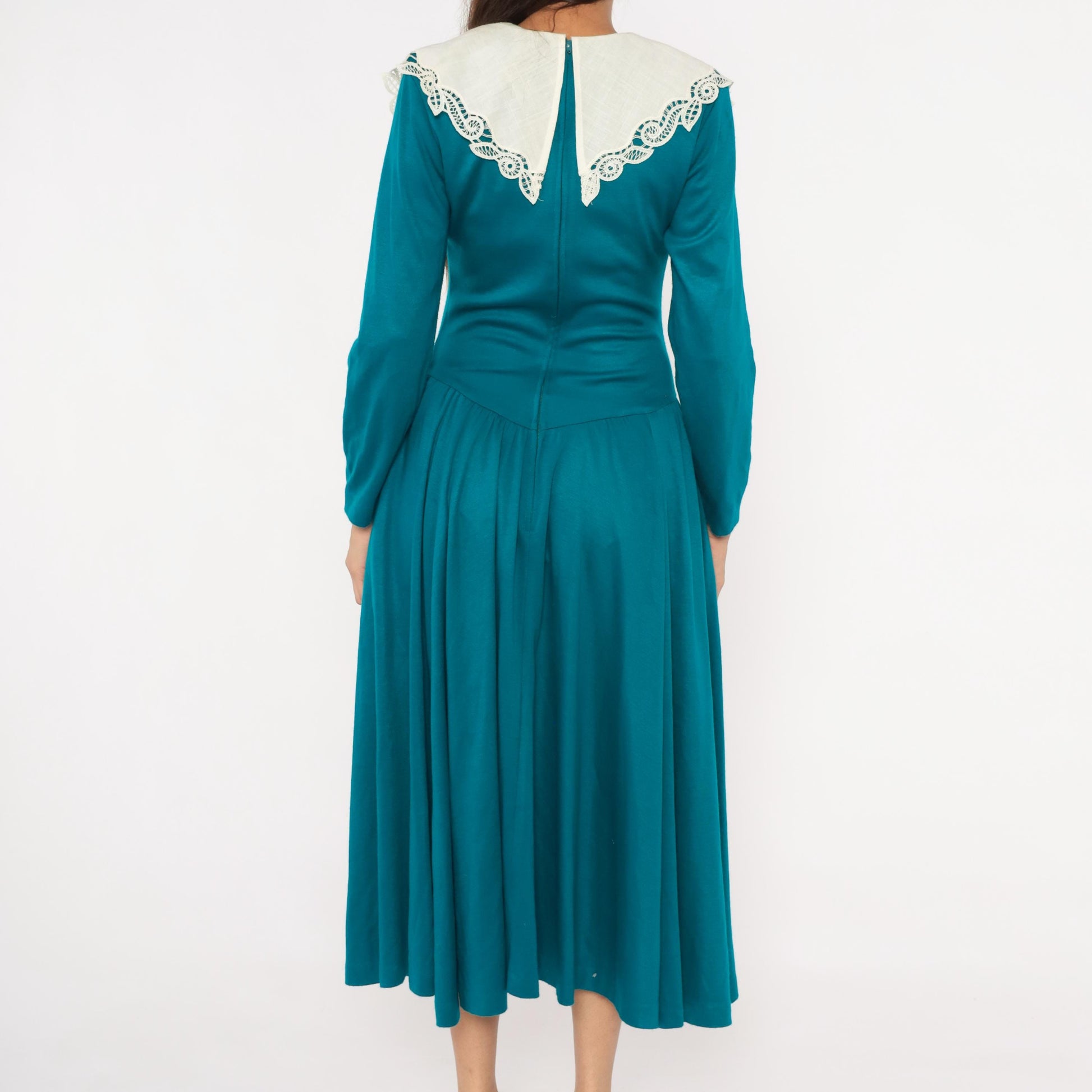 80s Expo Teal Midi Dress Cream Scalloped Lace Collar Small Medium