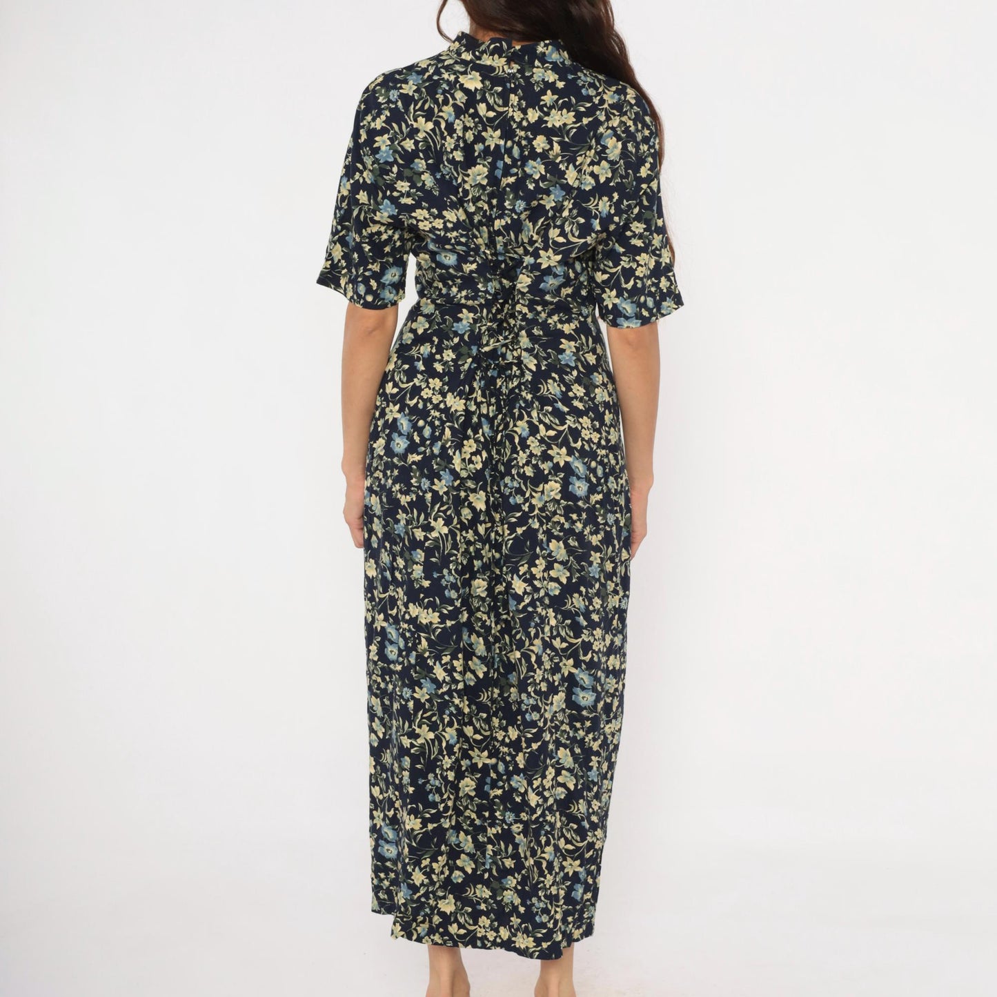 90s Express Navy Floral Maxi Dress Mandarin Collar Button Front Medium M