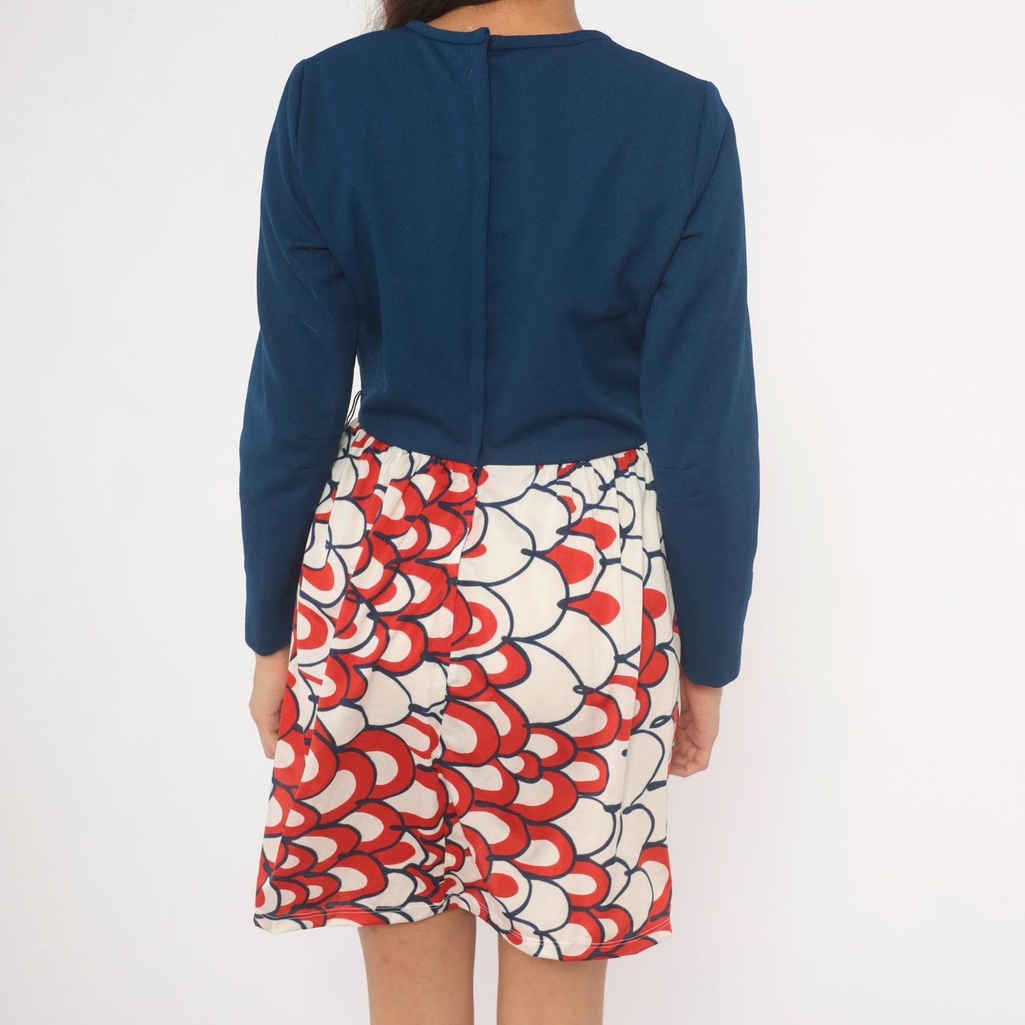 70s Mod Colorblock Dress Navy Scallop Print Long Sleeve Knee Length Medium M
