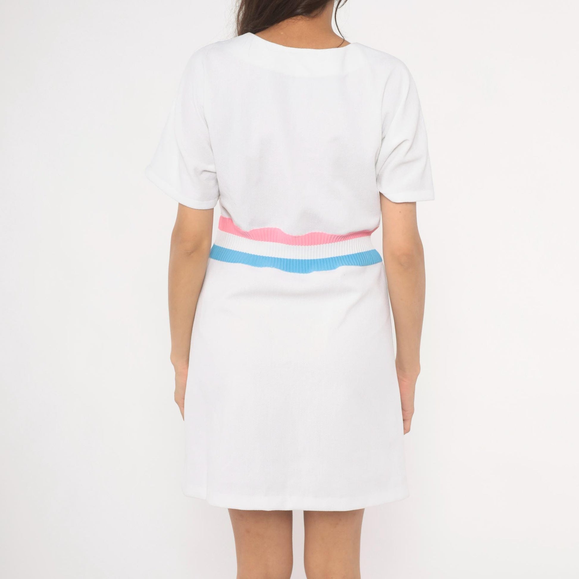 70s White Striped Ribbed Knit Pullover Dress Pink Blue A-Line Knee Length Large L