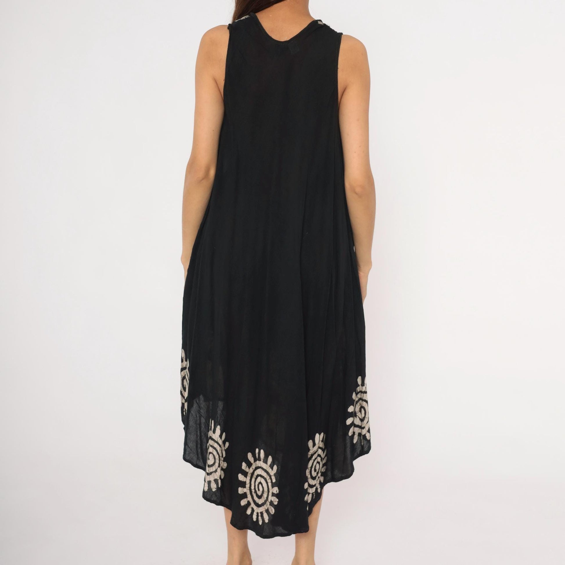 90s Black Batik Maxi Dress Cream Spiral Embroidered Trapeze Tank Medium