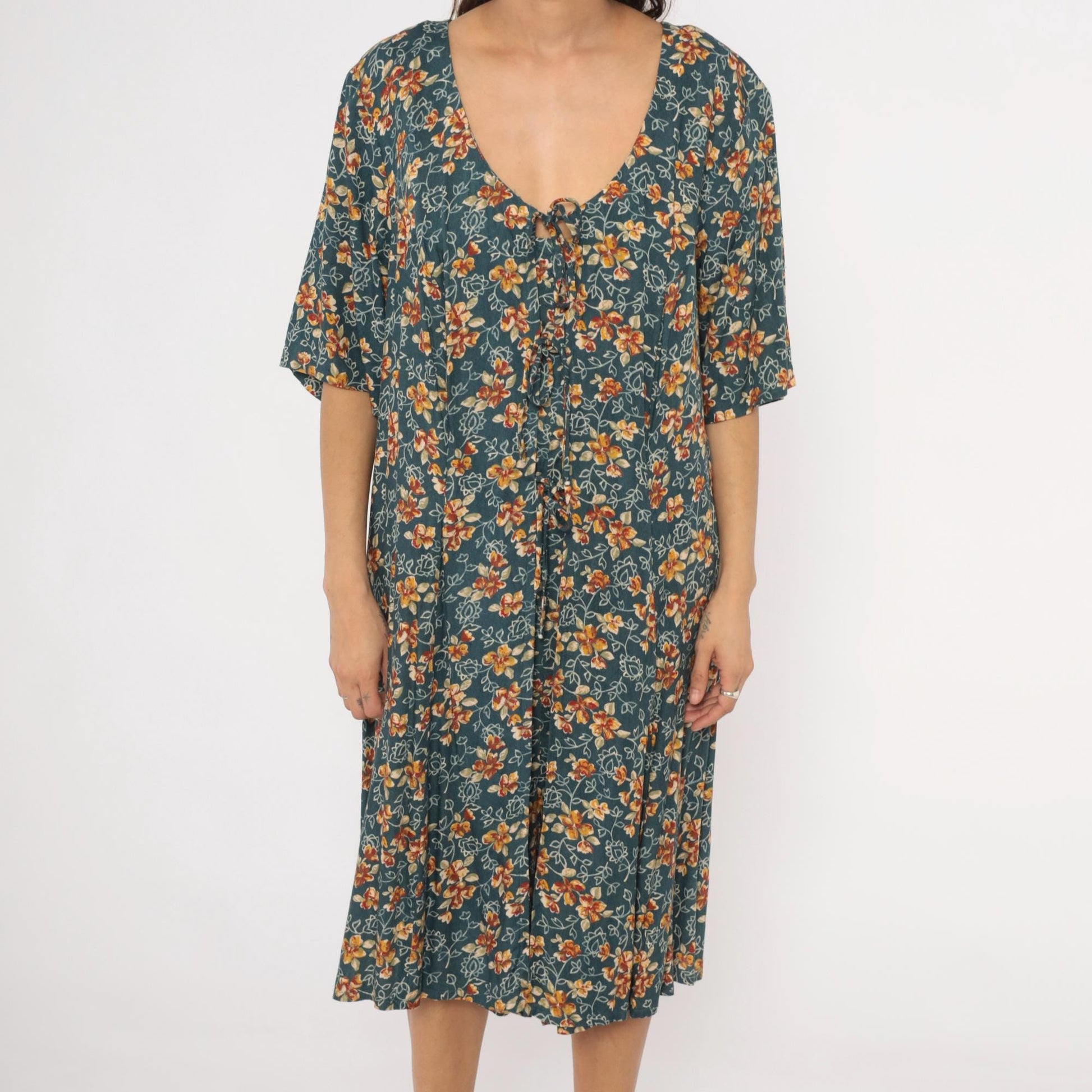 90s The Avenue Floral Midi Dress Teal Orange Flutter Sleeve Tie Front XXL
