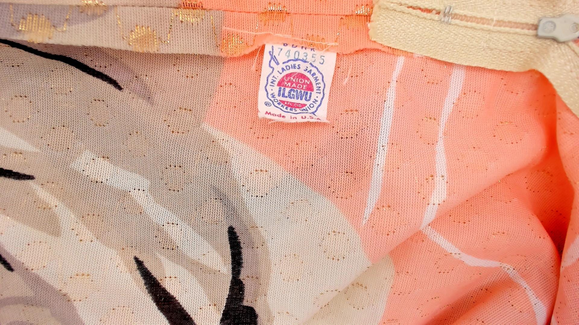 70s Rose Print Maxi Dress Gold Metallic Dots Long Sleeve Peach Taupe Chiffon Medium