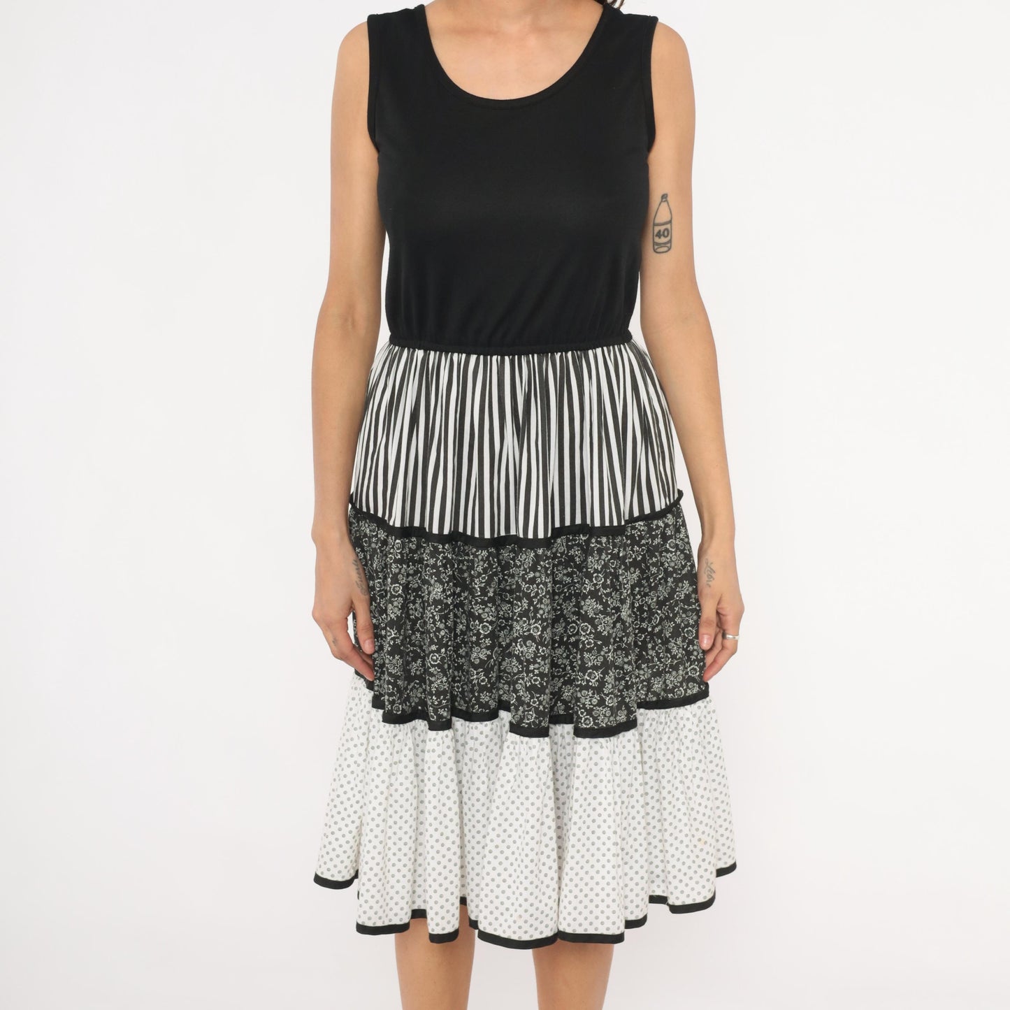 80s Mixed Print Tiered Sundress Black White Floral Striped Polka Dot Medium