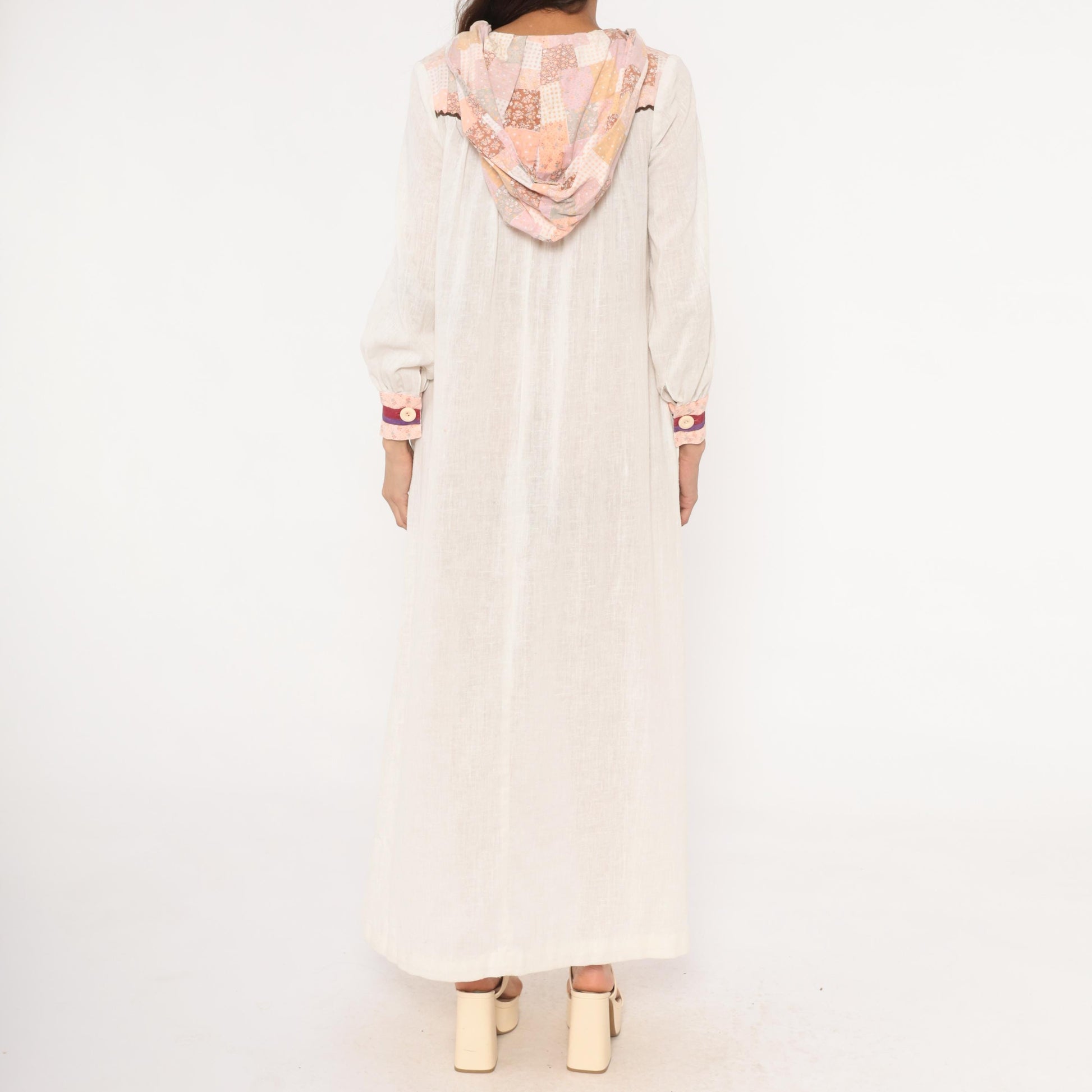70s Patchwork Hood Maxi Dress White Linen V Neck Bishop Sleeve Small
