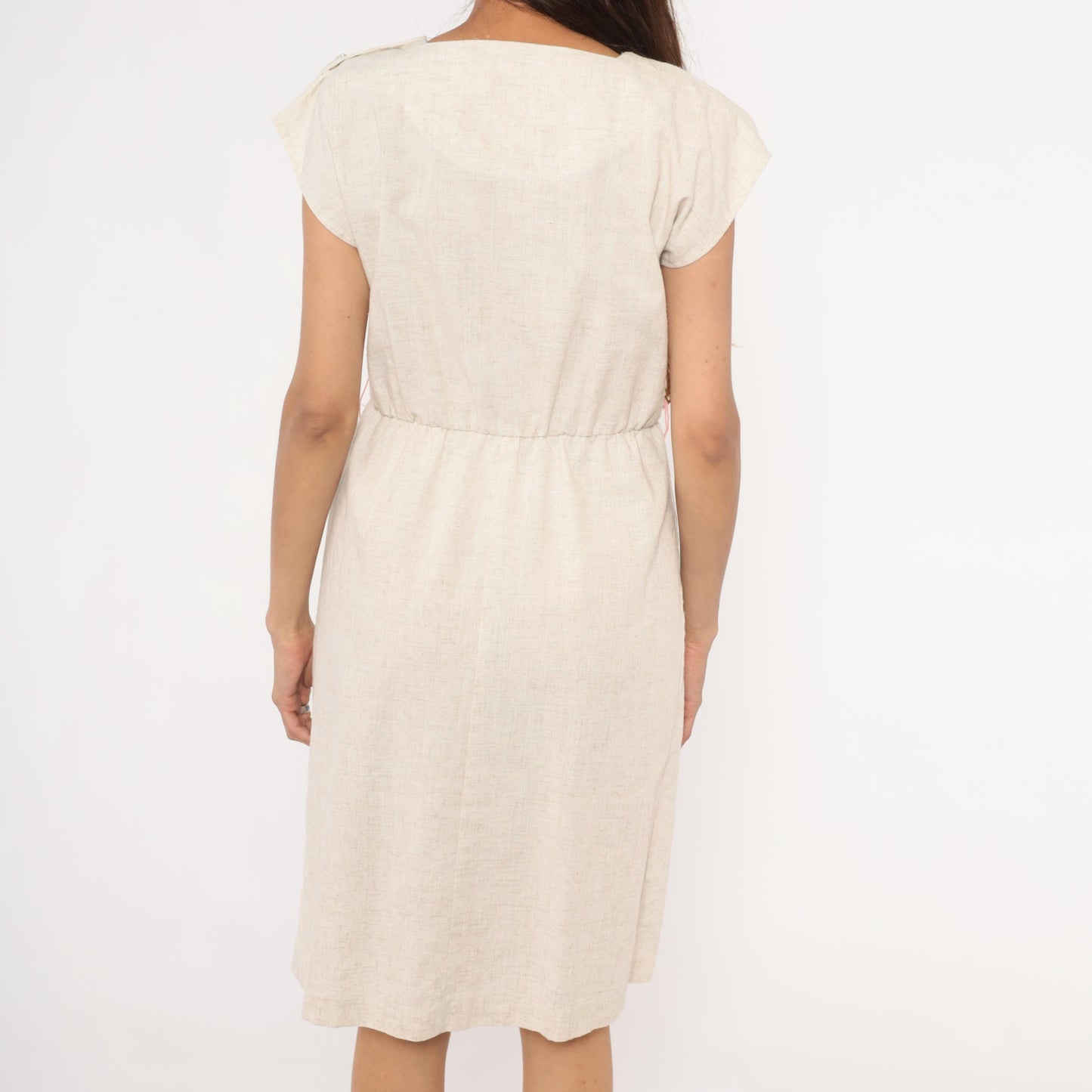 80s Oatmeal Linen Sheath Dress Square Neck Cap Sleeve Knee Length Small