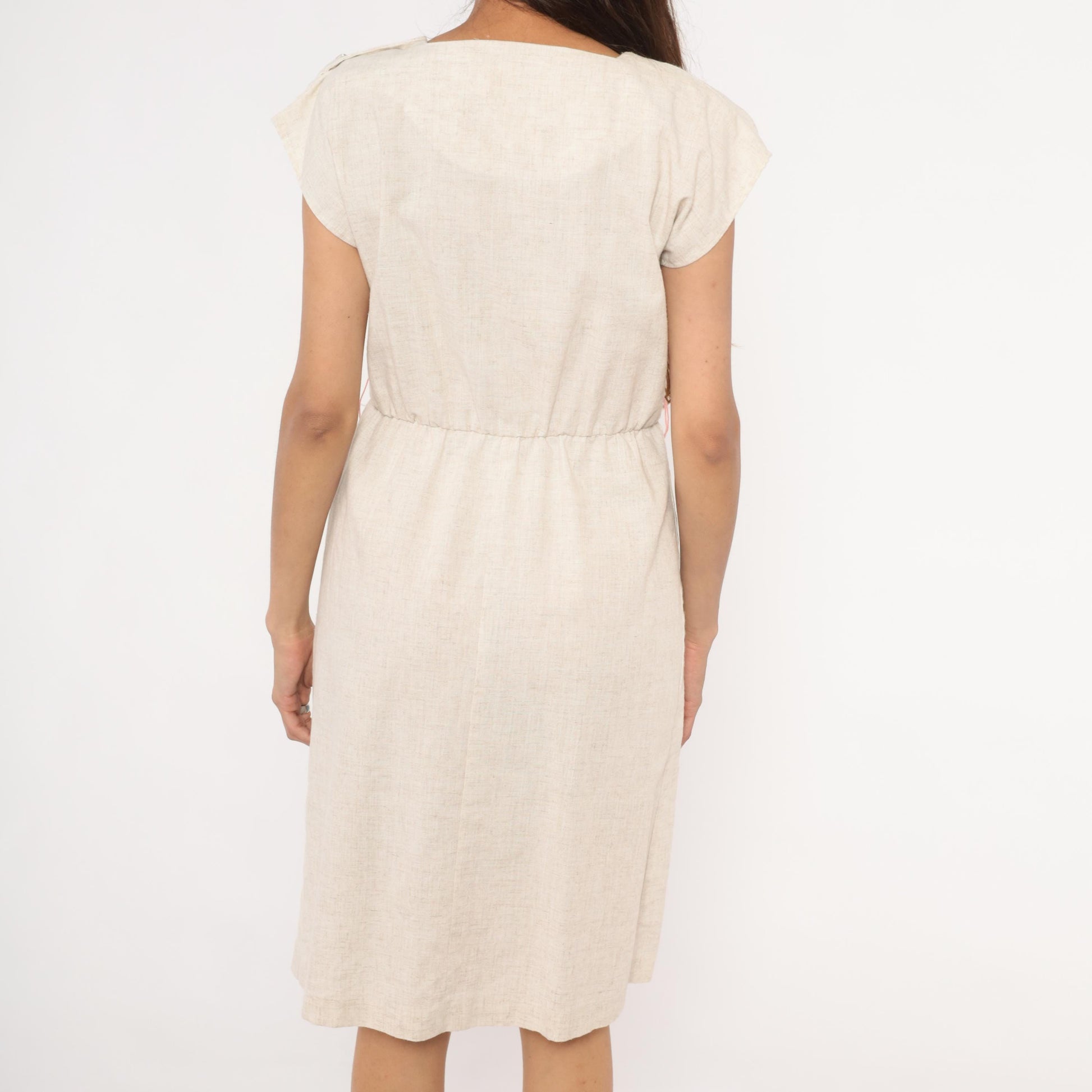 80s Oatmeal Linen Sheath Dress Square Neck Cap Sleeve Knee Length Small