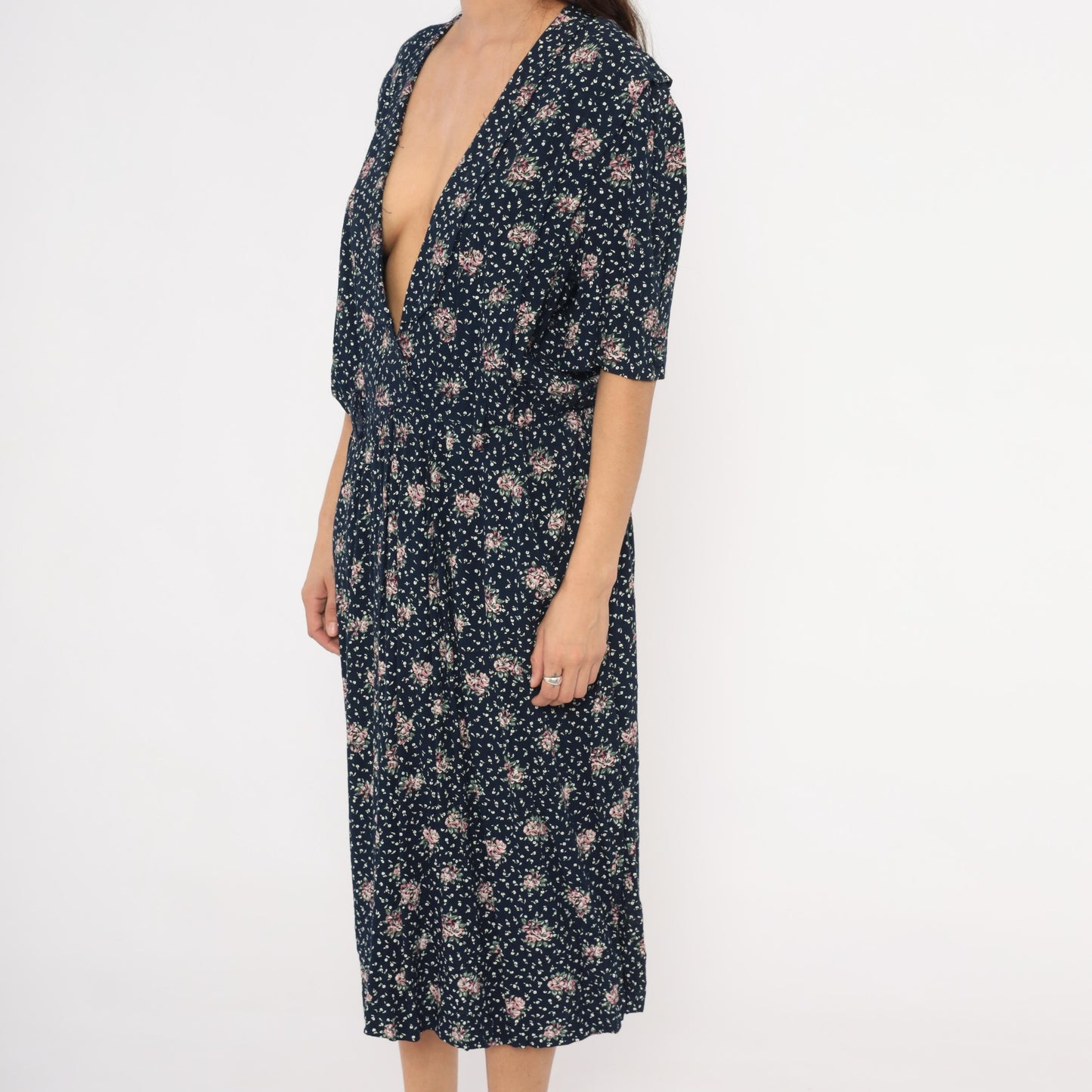 90s Navy Floral Midi Dress Pink Rose Print Deep V Neck Short Sleeve XL