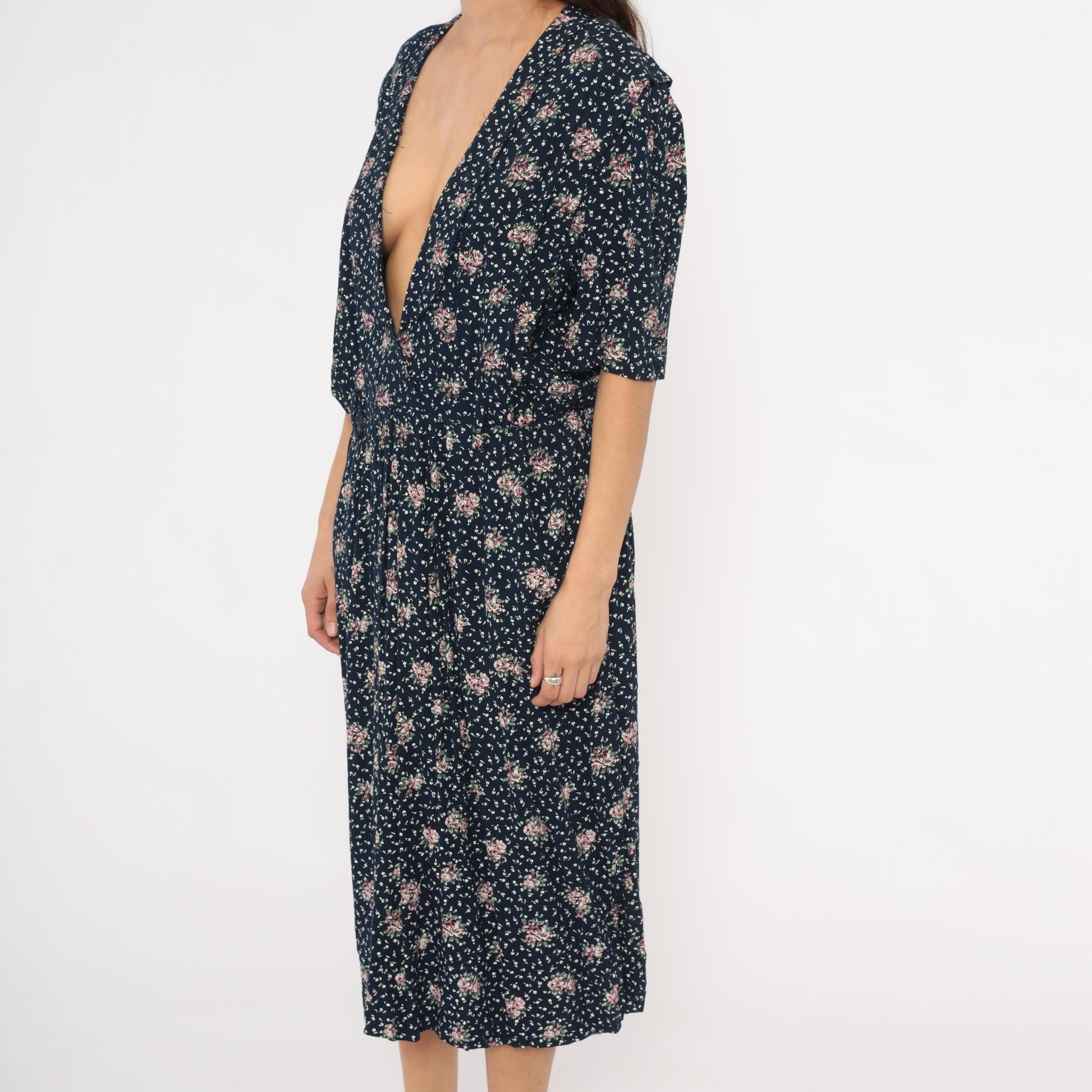 90s Navy Floral Midi Dress Pink Rose Print Deep V Neck Short Sleeve XL