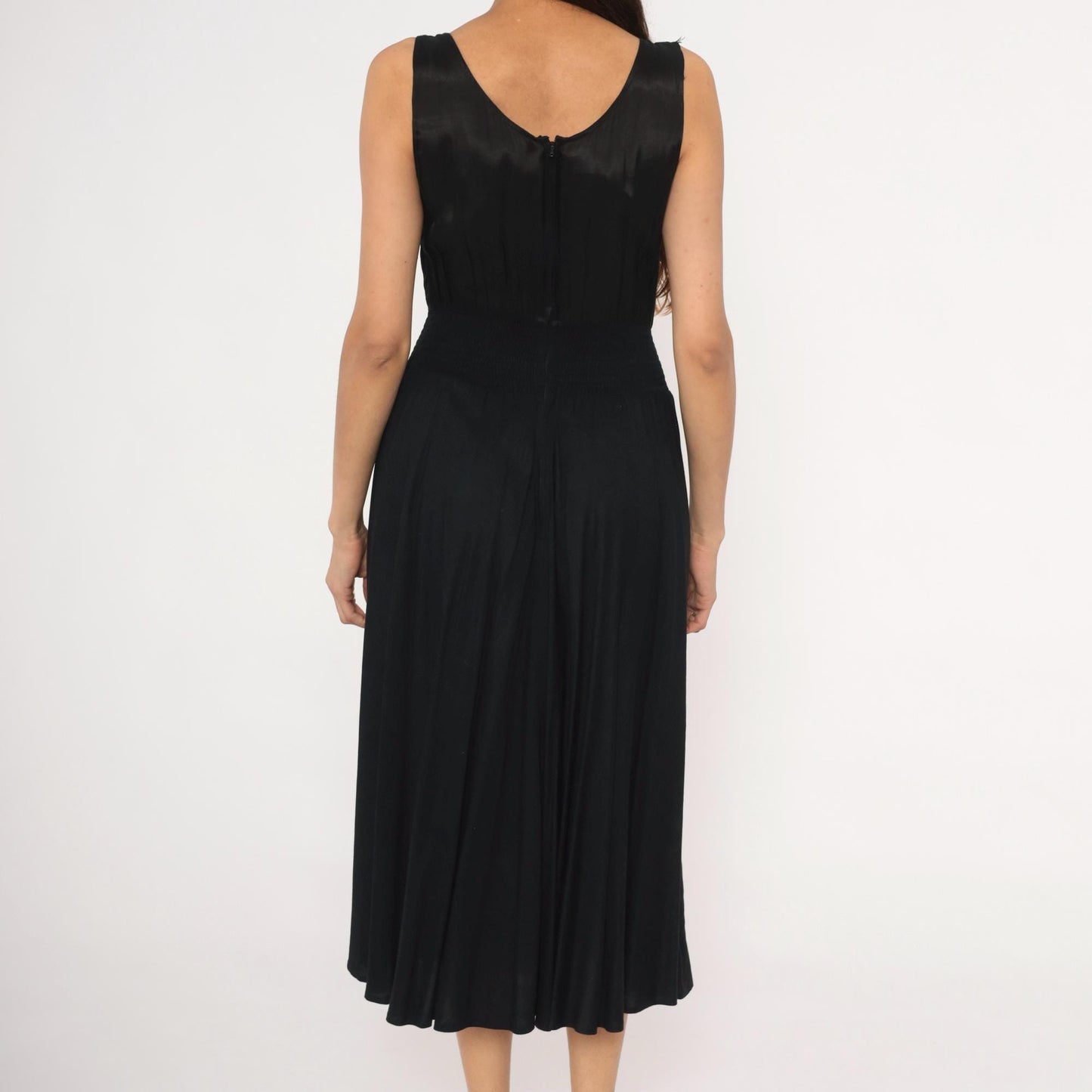90s Black Satin Bodice Midi Dress Sleeveless Scoop Neck Flared Skirt Small