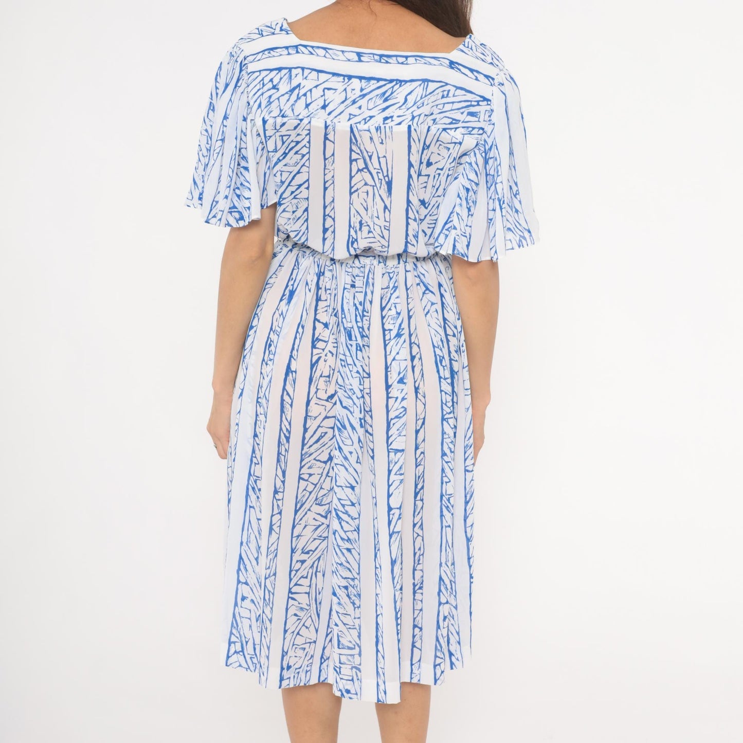 80s Top Act Abstract Stripe Dress Blue White Flutter Sleeve Knee Length Large L