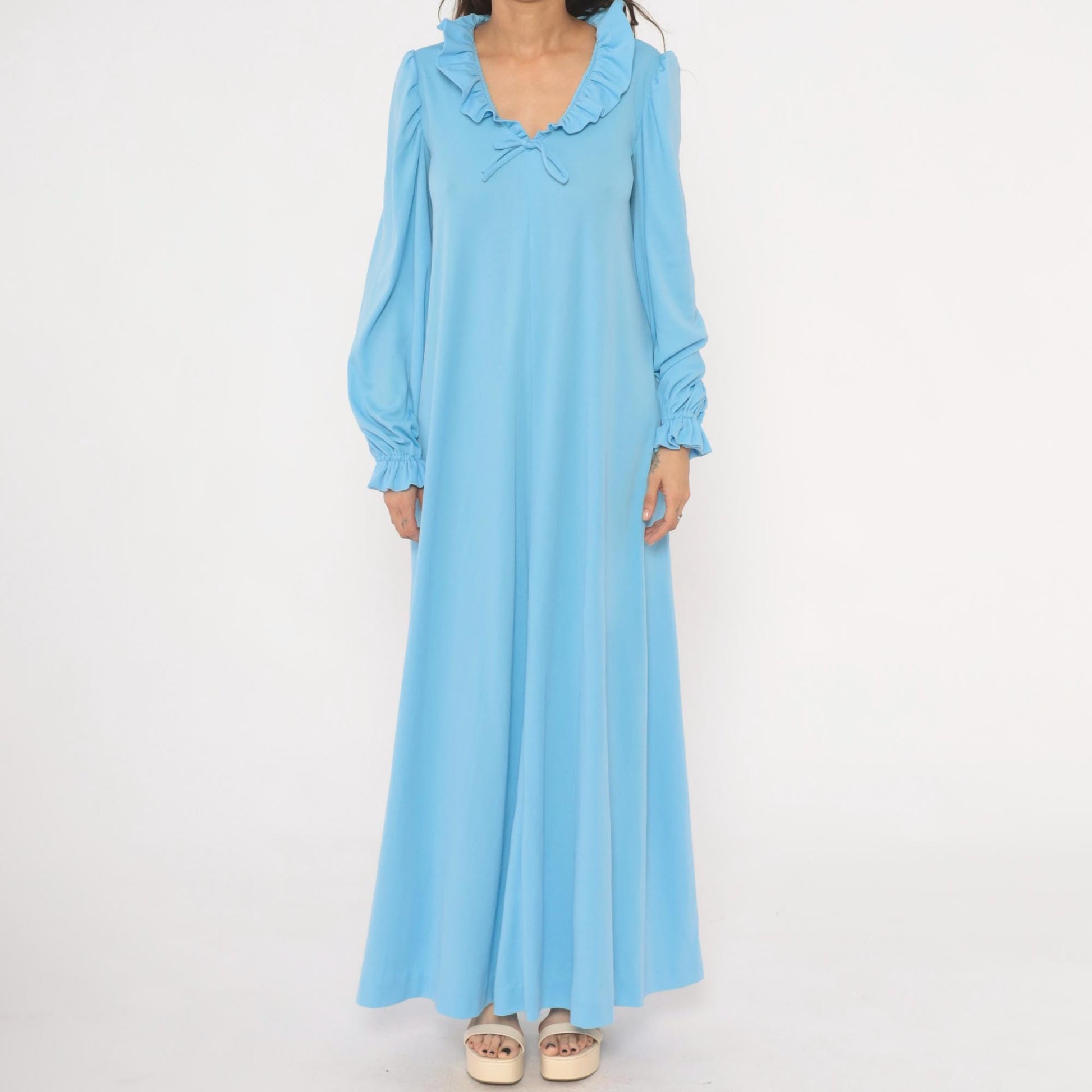 70s Sky Blue Maxi Dress Ruffle Collar Puff Sleeve A-Line Large L
