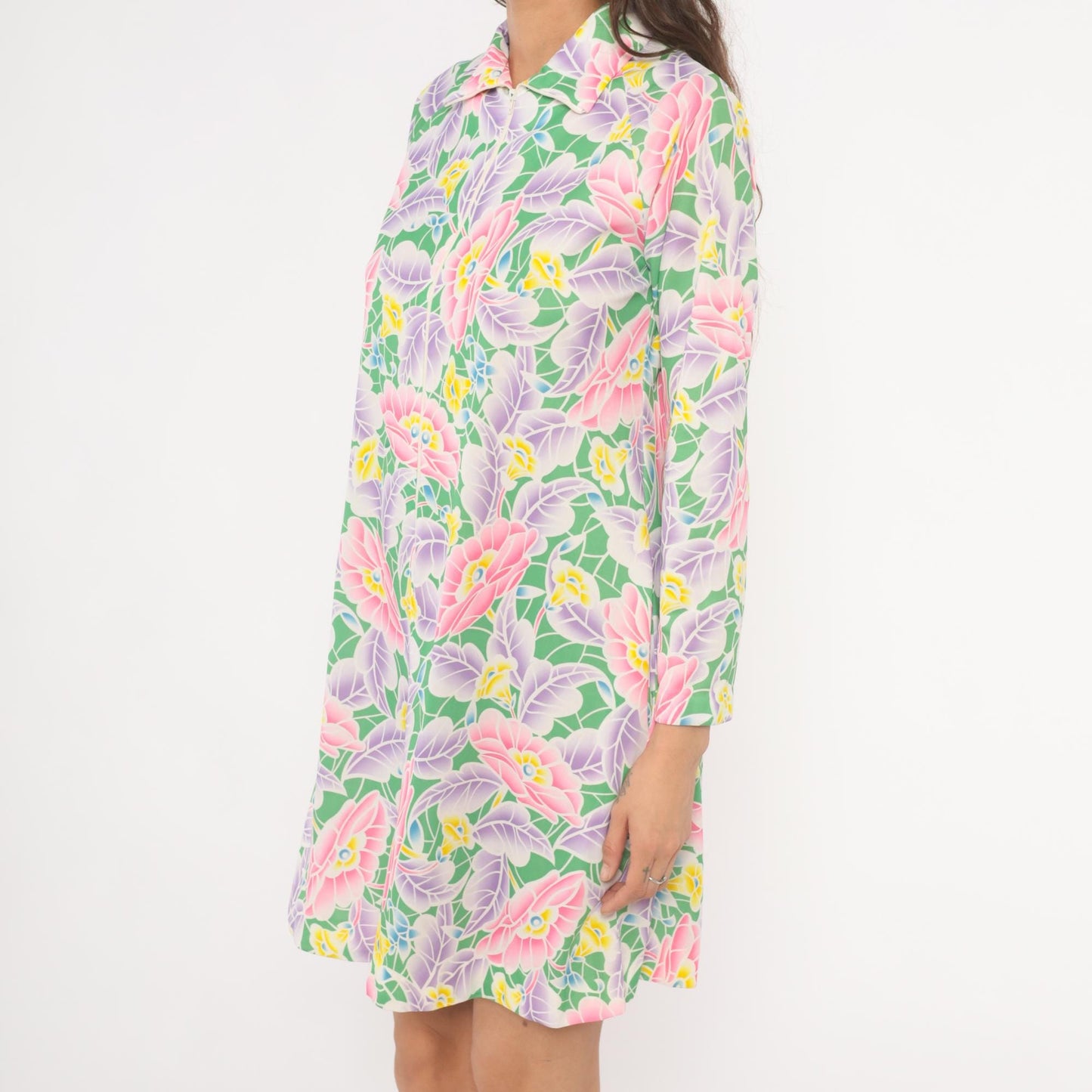 70s Travel Lite Floral Shift Dress Pink Lavender Green Knee-Length Small S