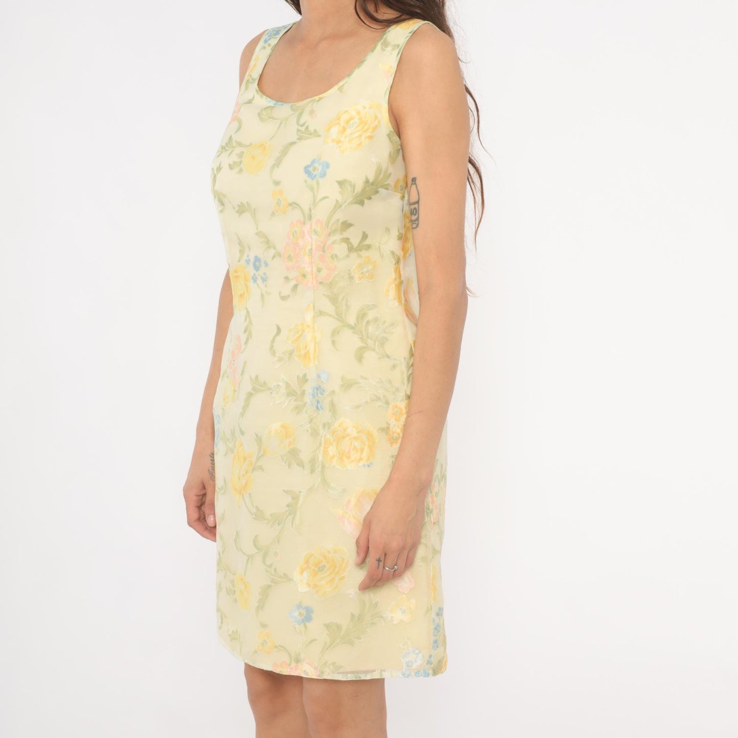 90s Ann Taylor Floral Shift Dress Yellow Scoop Neck Sleeveless Knee Small