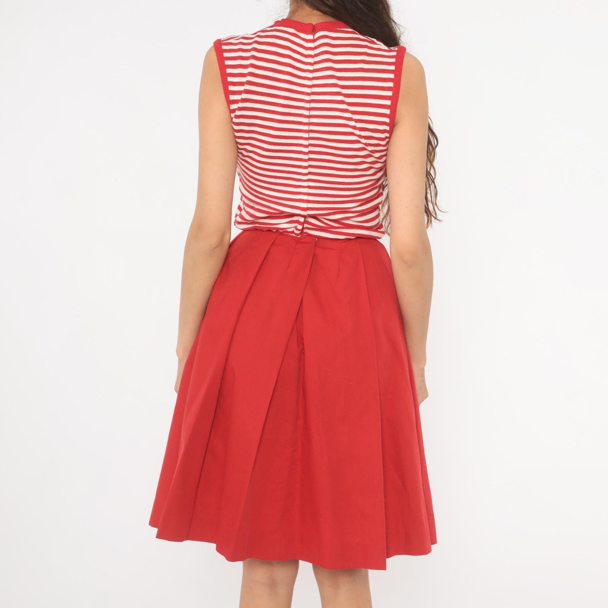 70s Country Set Red White Striped Sleeveless Dress Pleated Skirt Extra Small XS