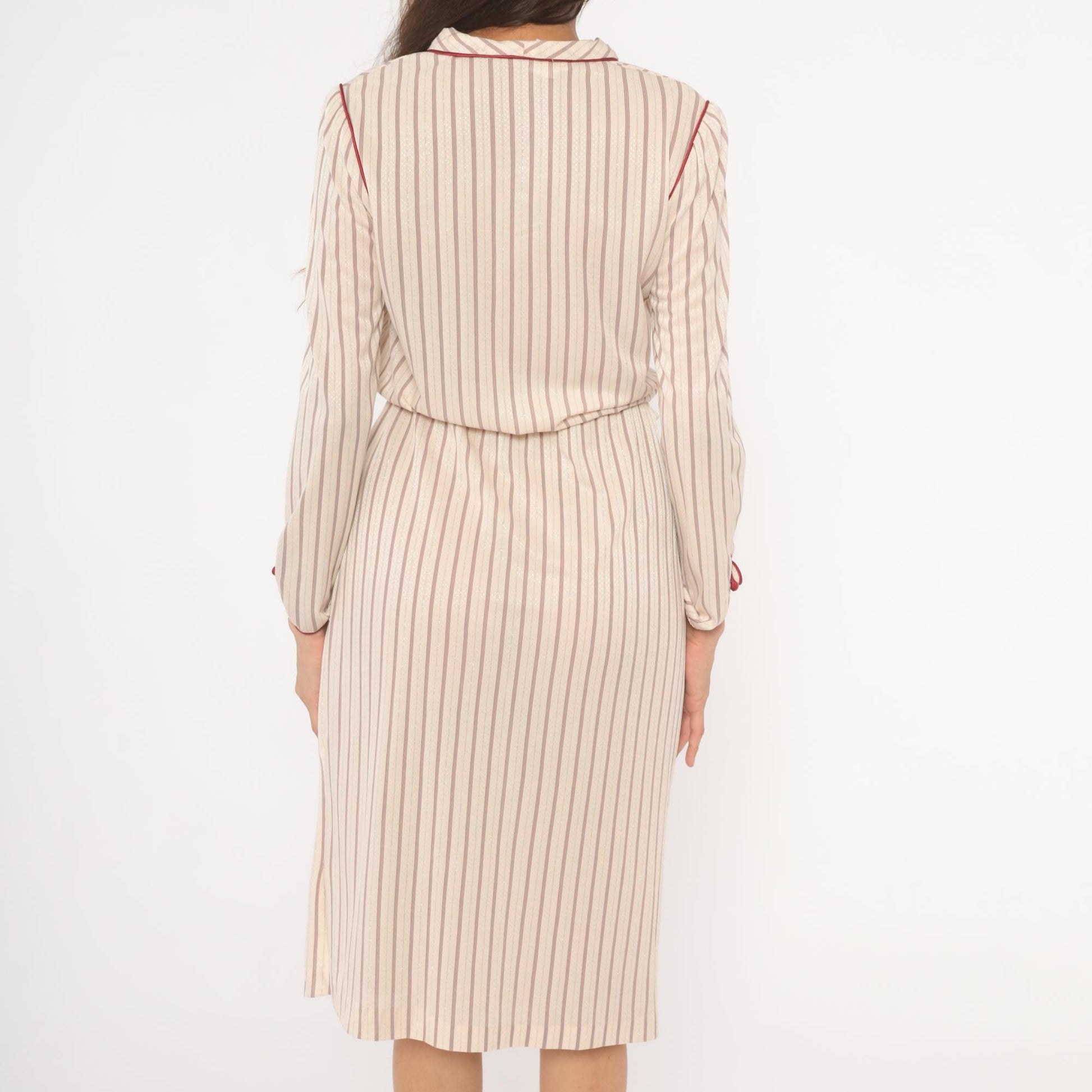 80s Striped Blouson Dress Cream Burgundy Keyhole Neckline Knee Length Small S