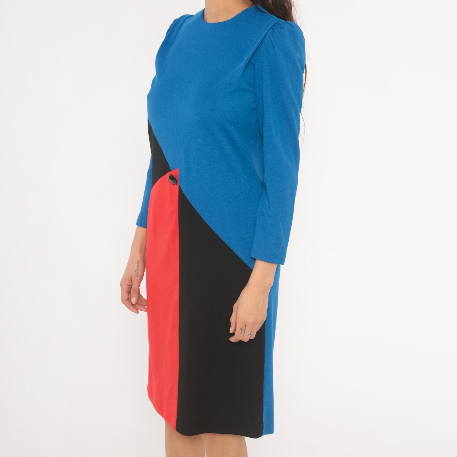 80s Leslie Fay Color Block Dress Cobalt Blue Red Black Geometric Knee Length Small S