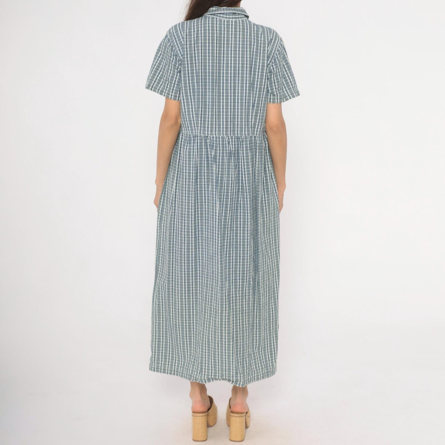90s Studio Works Blue Plaid Cotton Maxi Shirtdress Medium