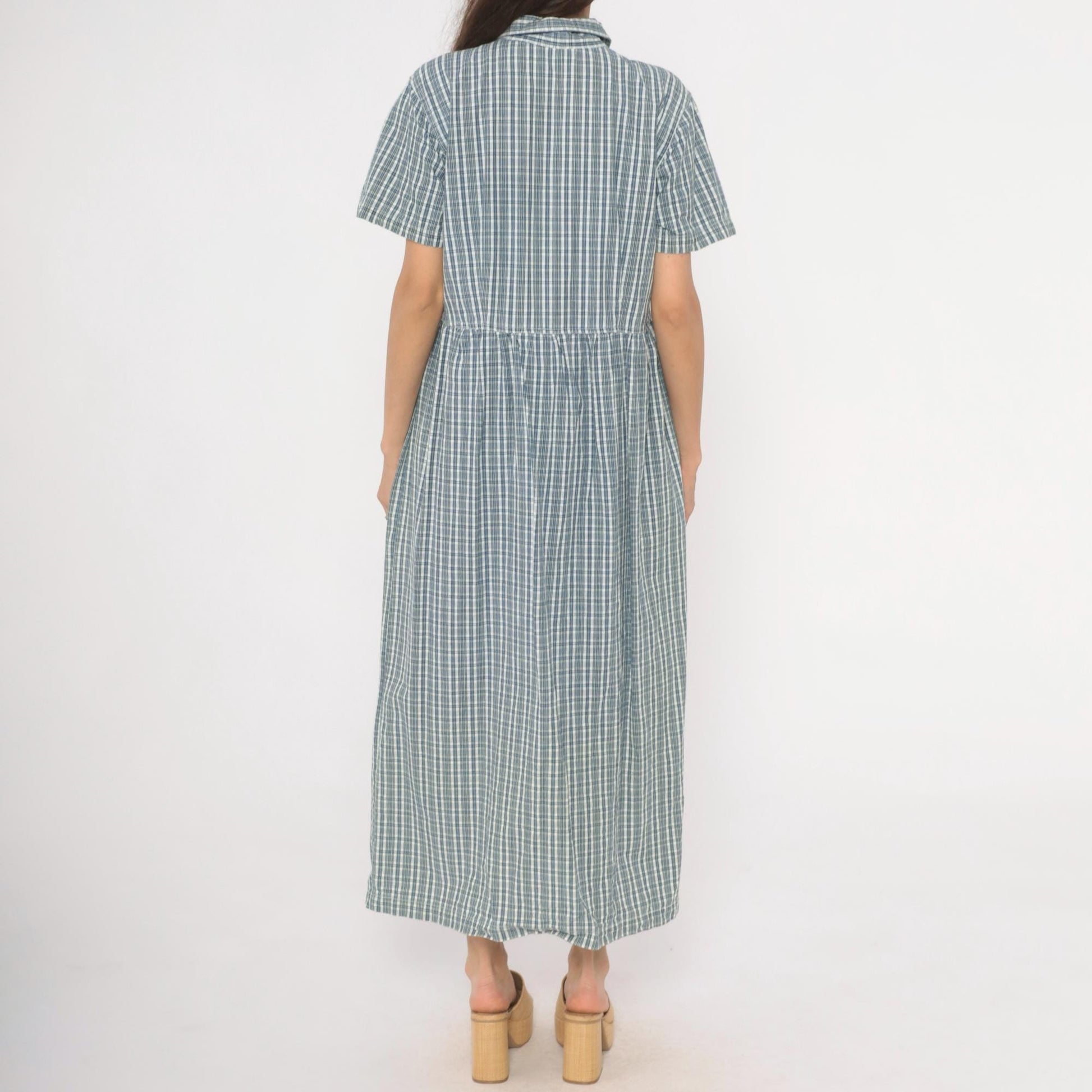90s Studio Works Blue Plaid Cotton Maxi Shirtdress Medium