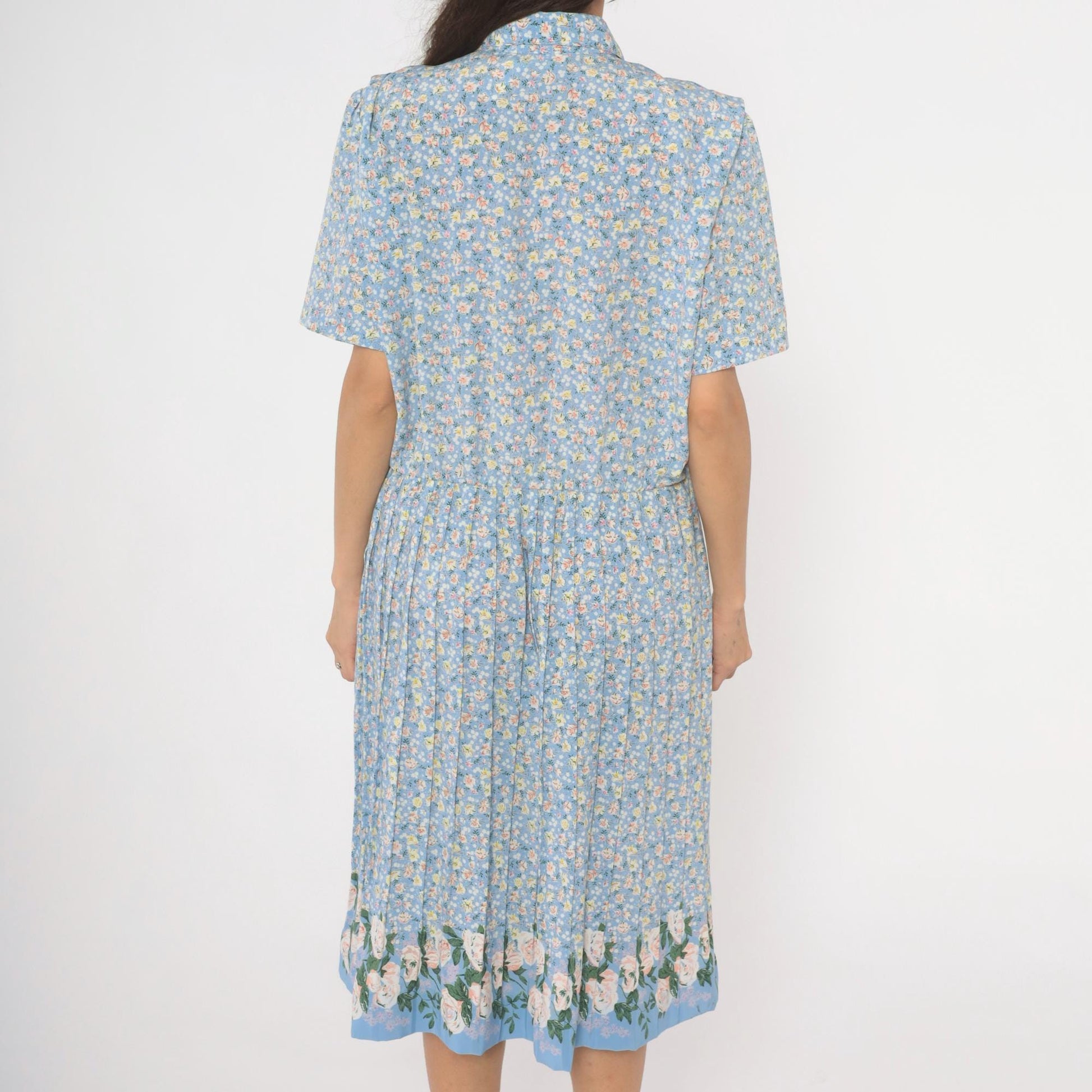 90s Breli Originals Floral Shirtdress Sky Blue Midi Pleated Skirt Large L
