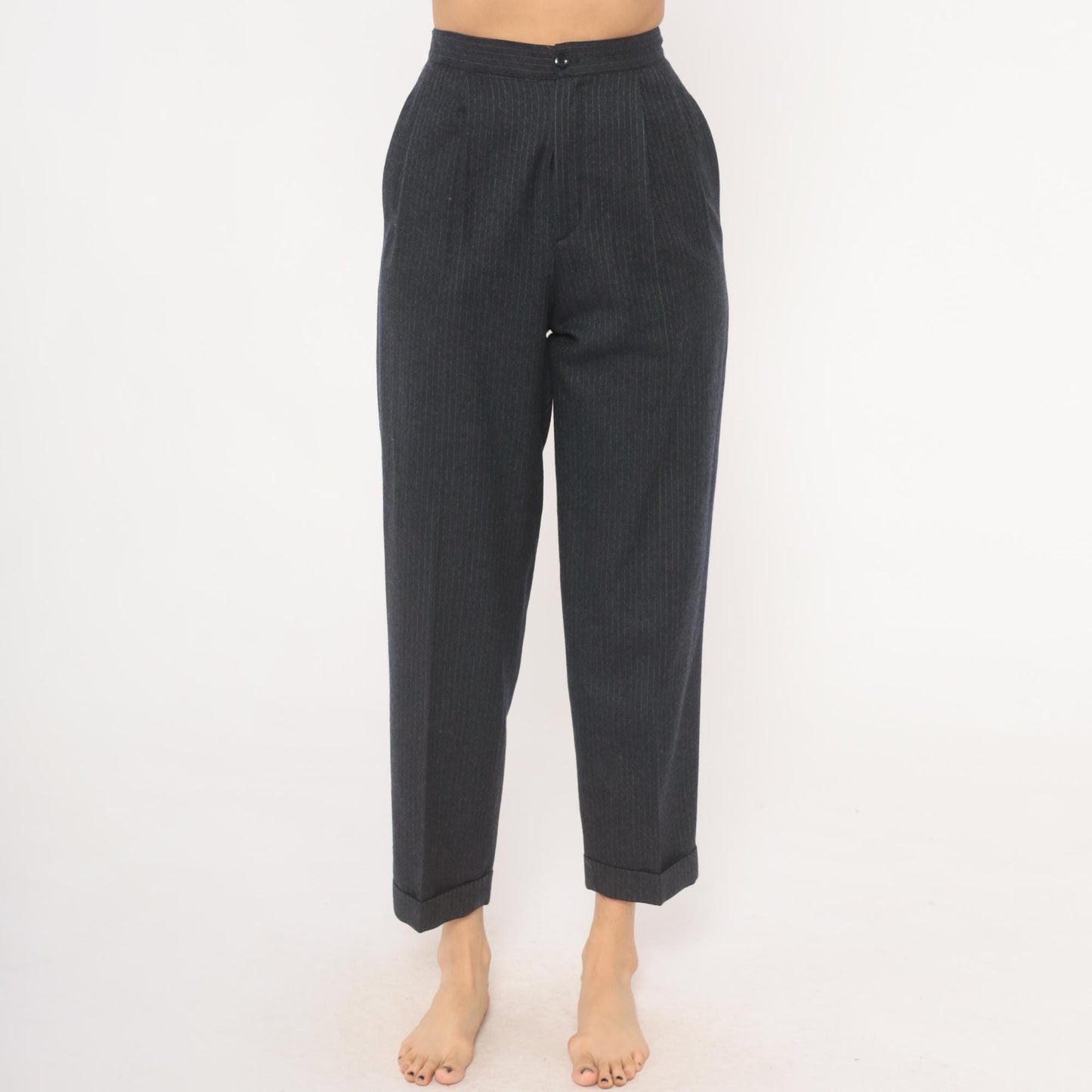 80s Preferred Stock Pinstripe Pleated Trousers Navy Wool Blend High Waist Extra Small XS