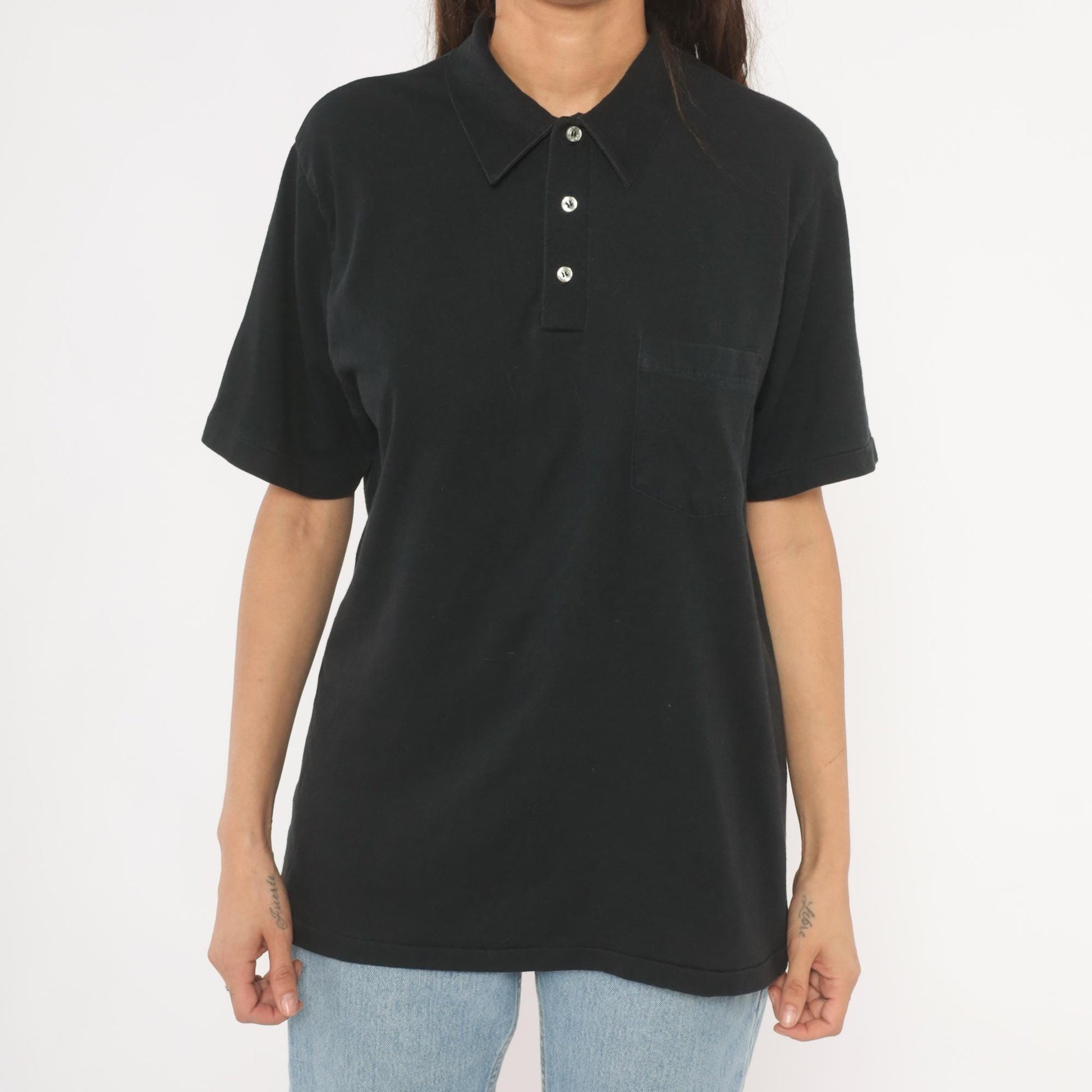 80s American Legion Post 496 Kent Ohio Polo Shirt Black Cotton Casual Knits Large