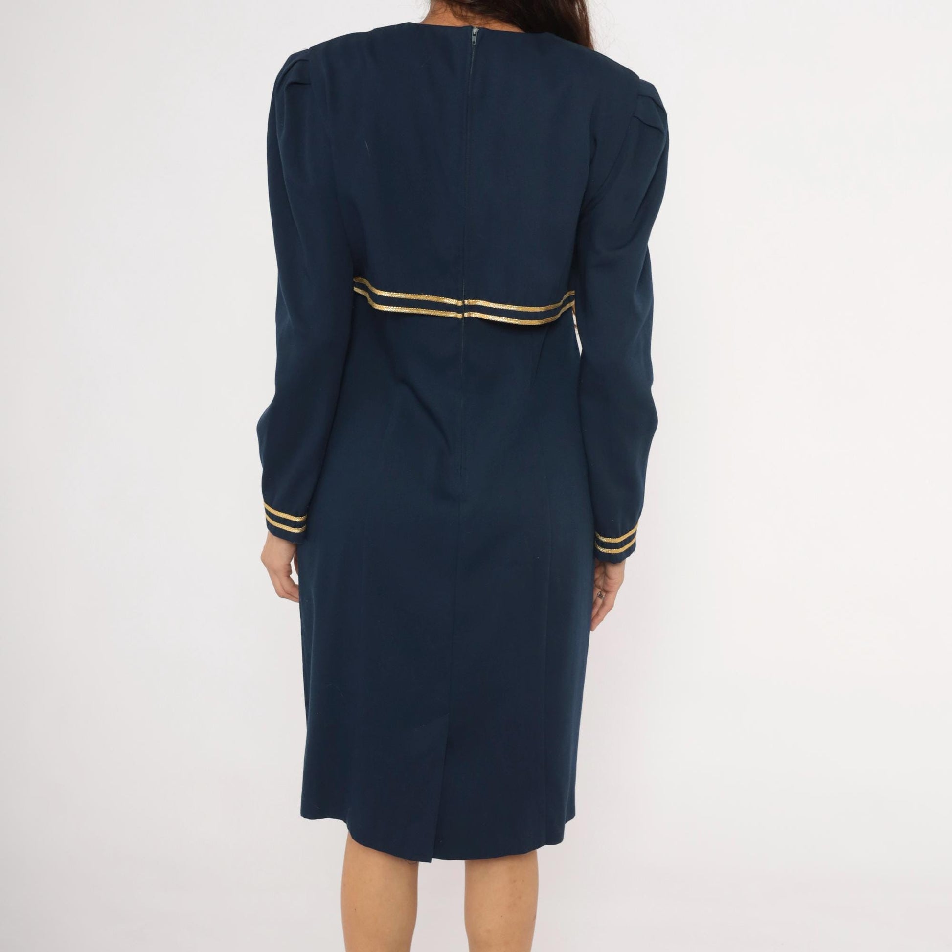 80s Jessica Howard Navy Dress Gold Braid Military Knee-Length Puff Sleeve Medium M