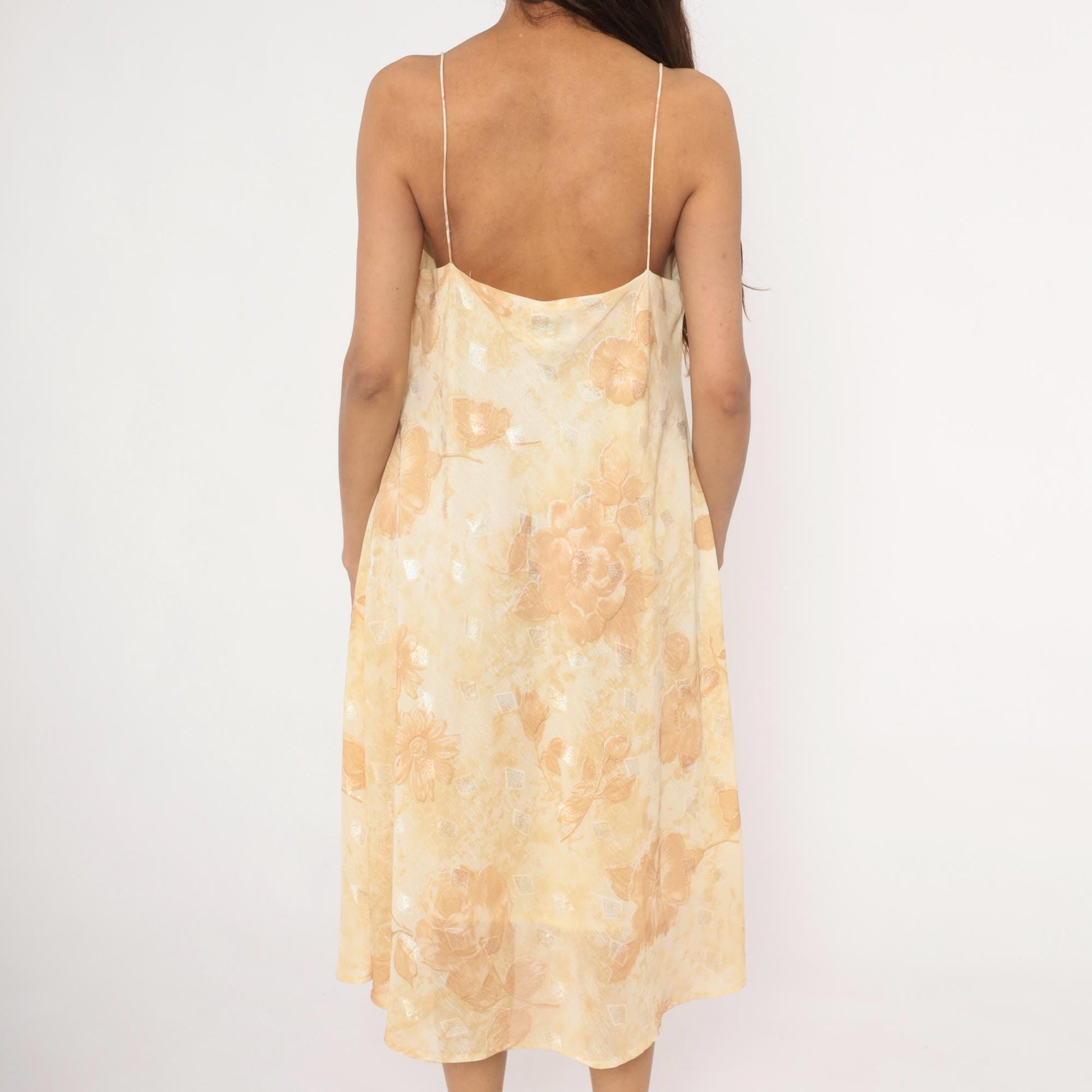 00s Dress-U-Ii Gold Floral Slip Dress Midi Cream Rose Print Spaghetti Strap Large L