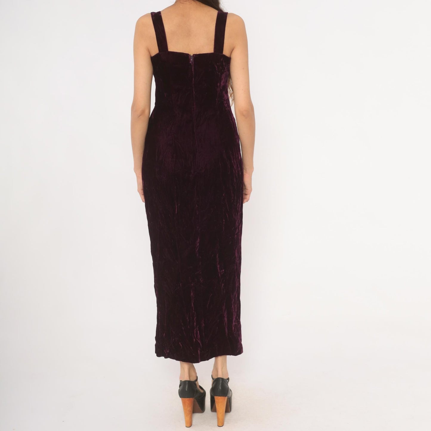 70s Plum Velvet Maxi Dress Sweetheart Neckline Side Slit Medium M