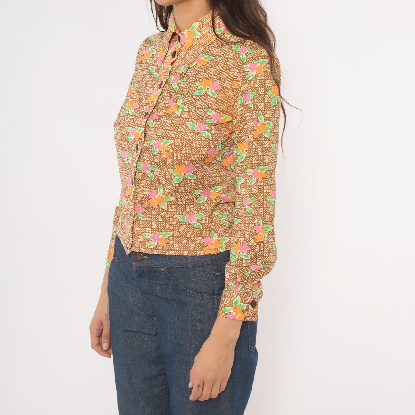 70s Floral Button-Up Blouse Pointed Collar Brown Pink Orange Green Small