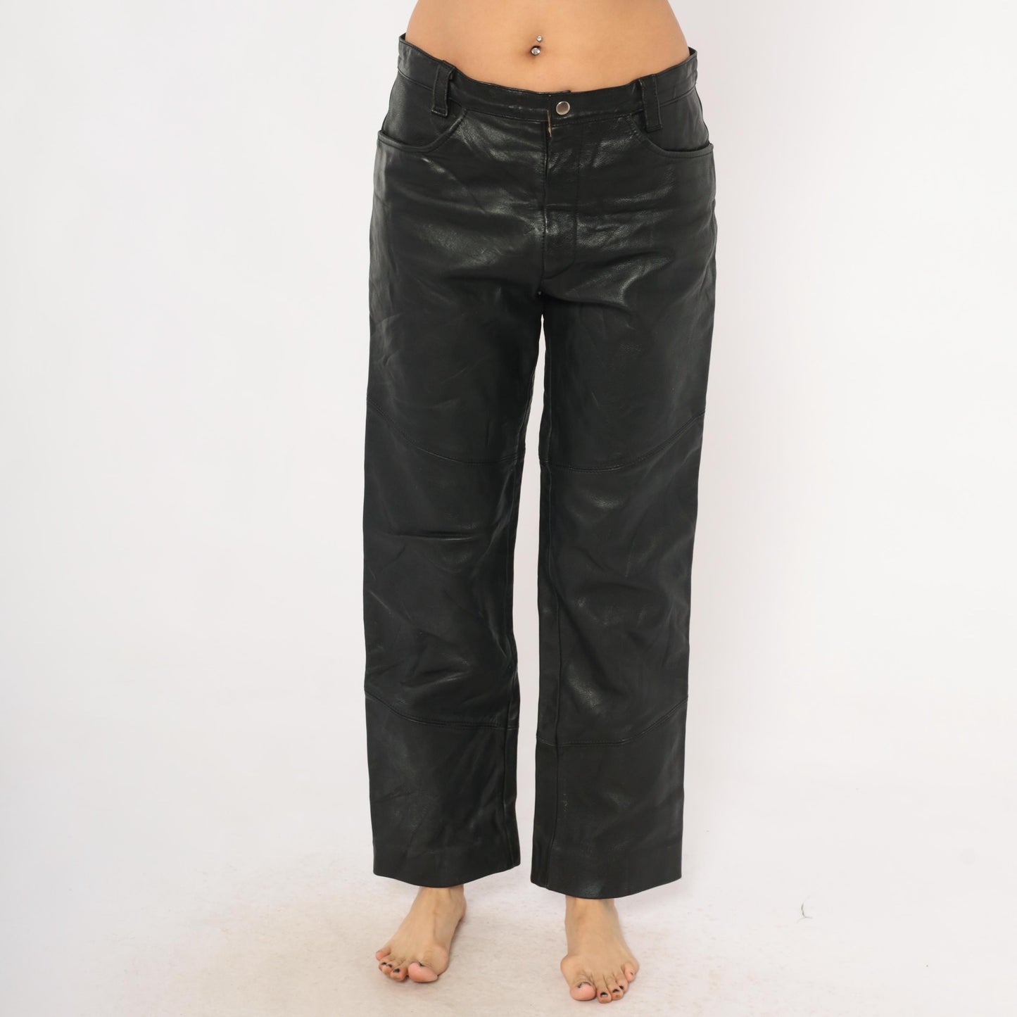 90s Berman's Black Leather Pants Straight Leg Moto Paneled Medium M