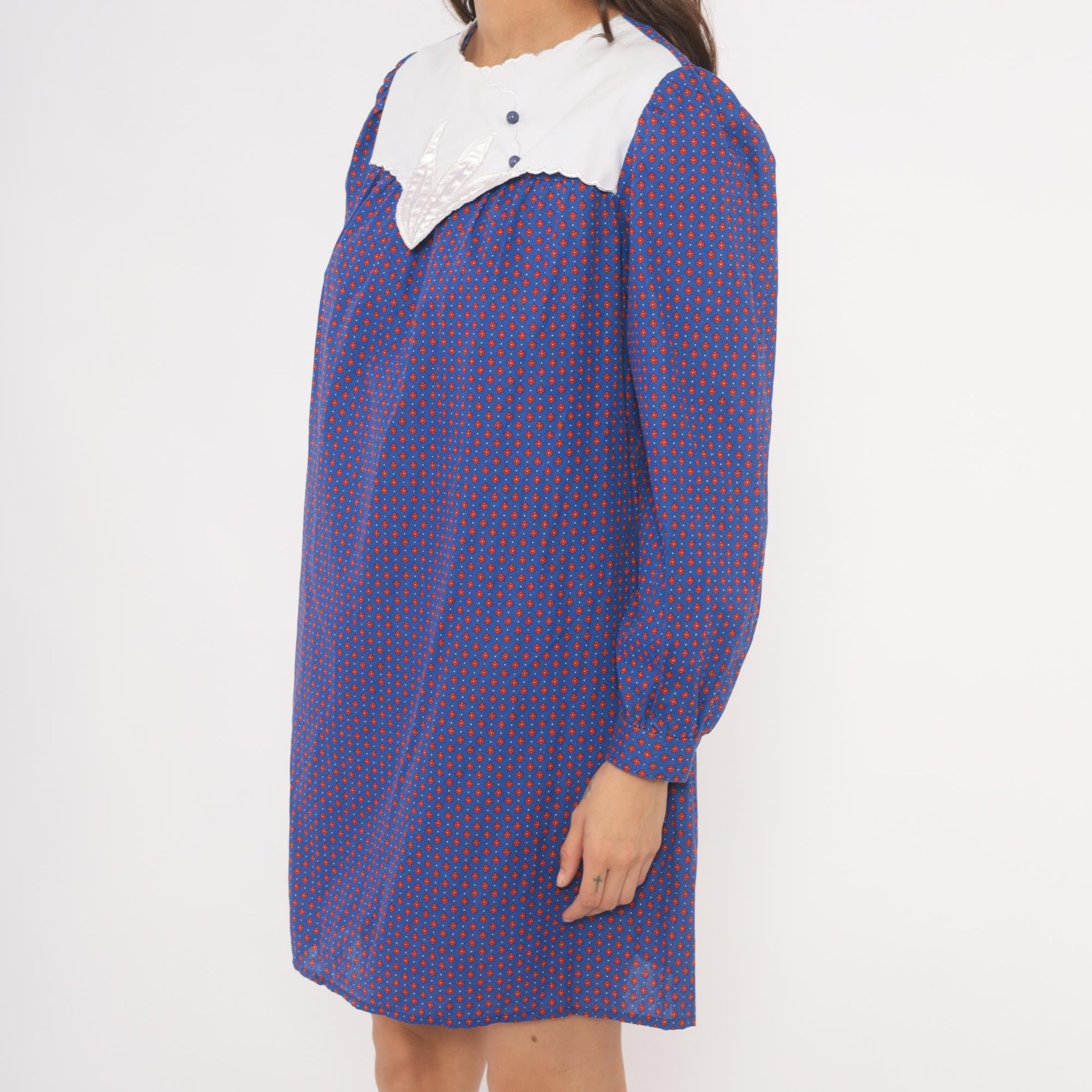 80s Maternity Calico Floral Shift Dress Blue Red Puff Sleeve Bib Collar Medium M